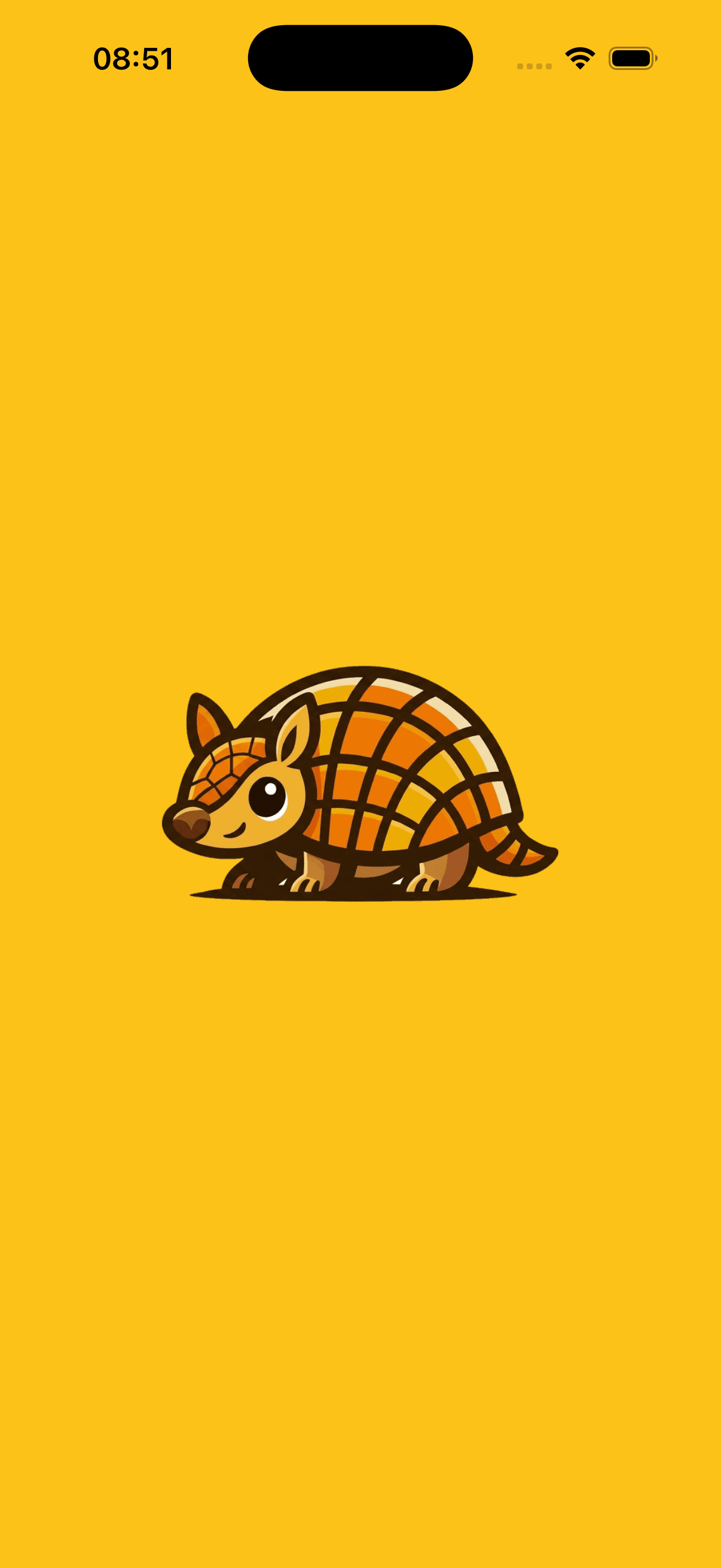 Tela de abertura do app do cliente Compare, com o tatuzinho mascote sobre fundo amarelo