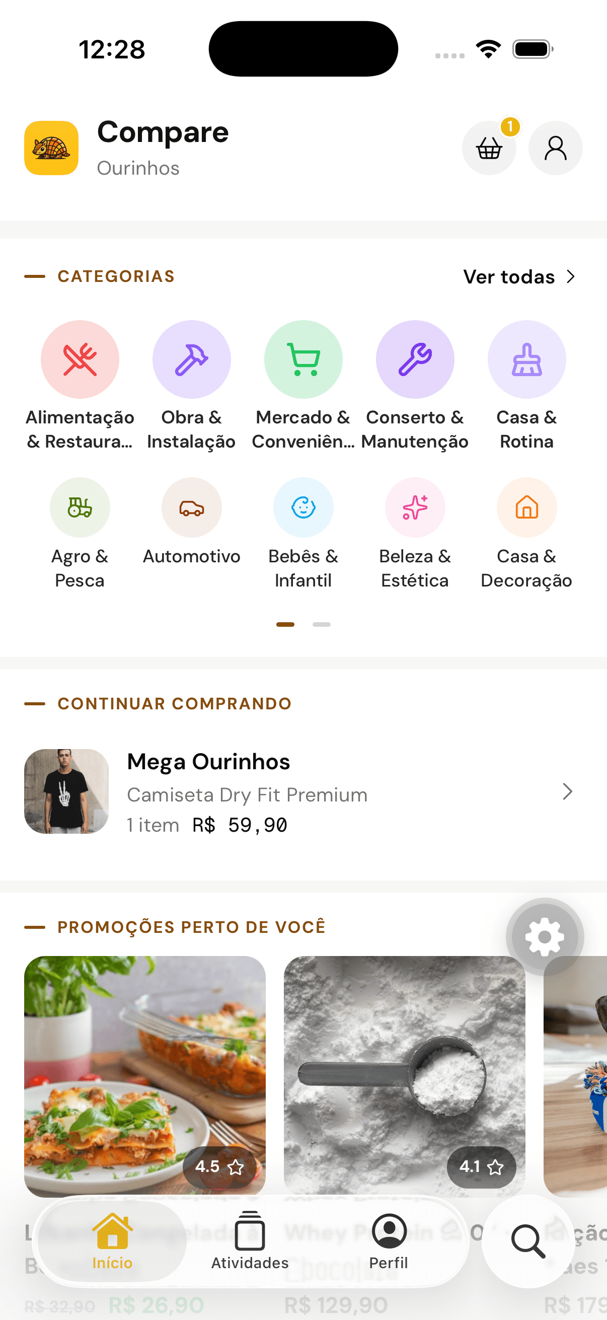 Tela inicial do app com as categorias, o carrinho em aberto e as promoções perto de você com preço riscado