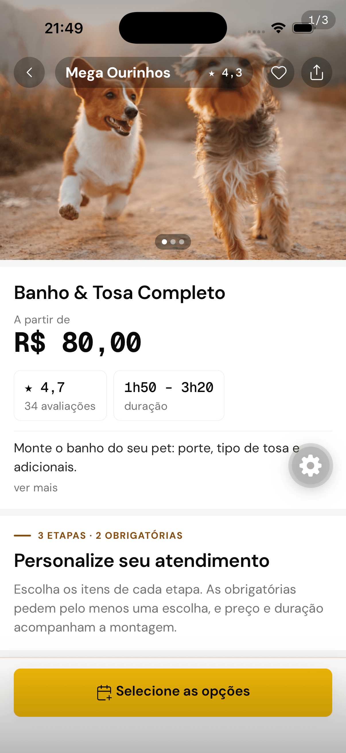 Tela de um serviço com preço a partir de, avaliações, duração e as etapas de montagem