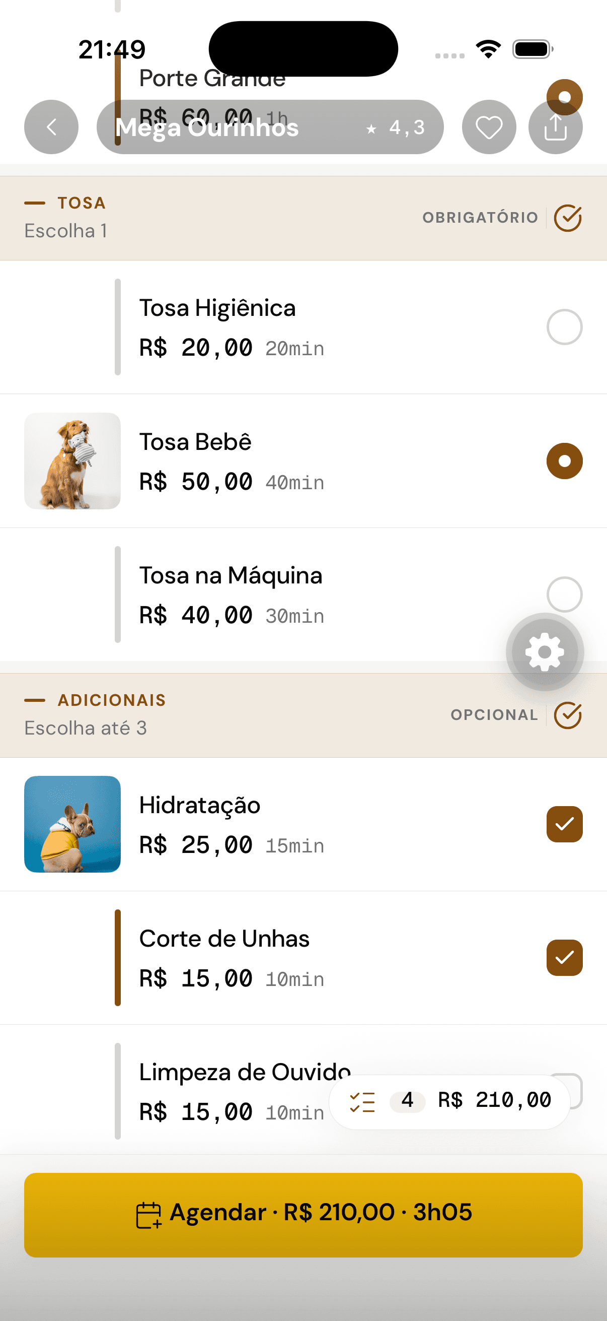 Configurador aberto com etapa obrigatória, adicionais opcionais e o total atualizado no rodapé