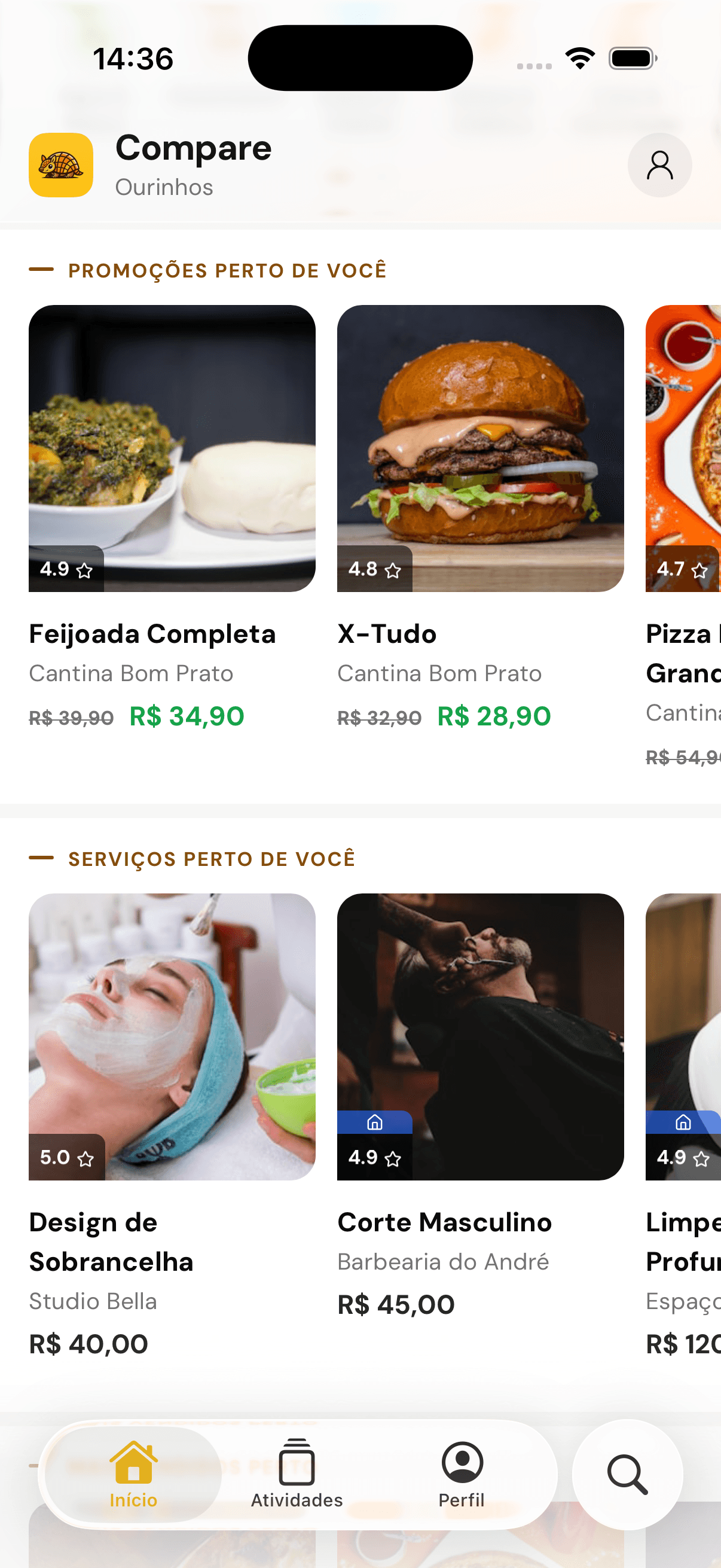 Tela inicial do app Compare: promoções e serviços perto de você, de restaurante a salão
