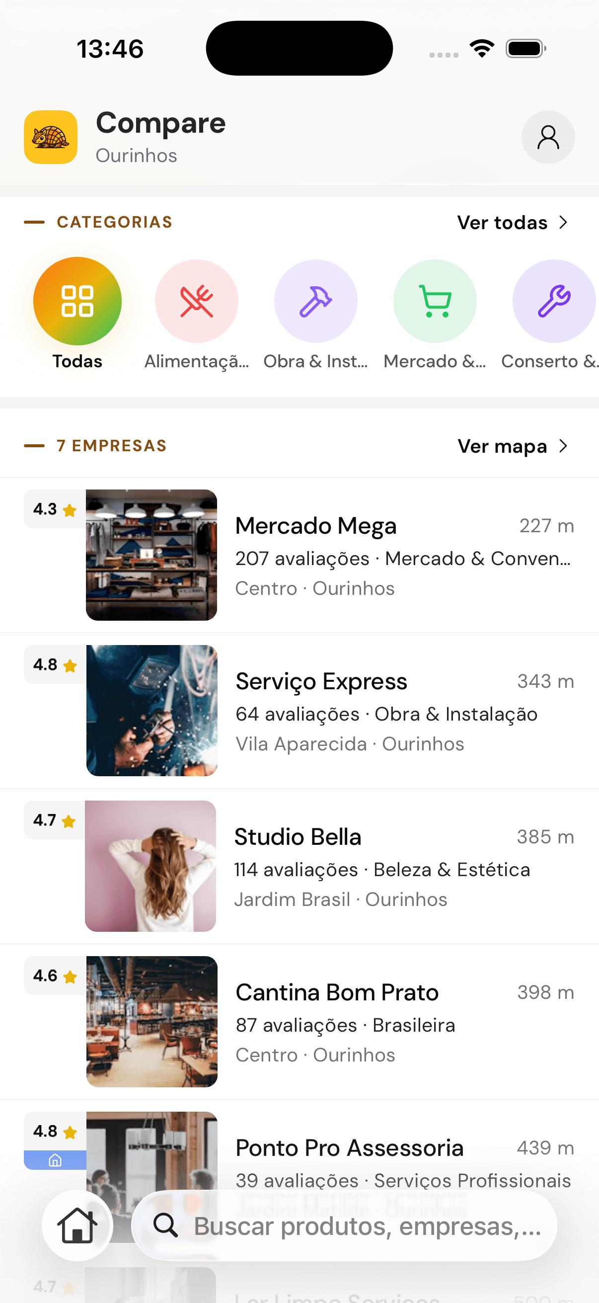 Lista de empresas do bairro no app do cliente — mercado, eletricista, salão, cantina e assessoria, cada uma com nota e distância