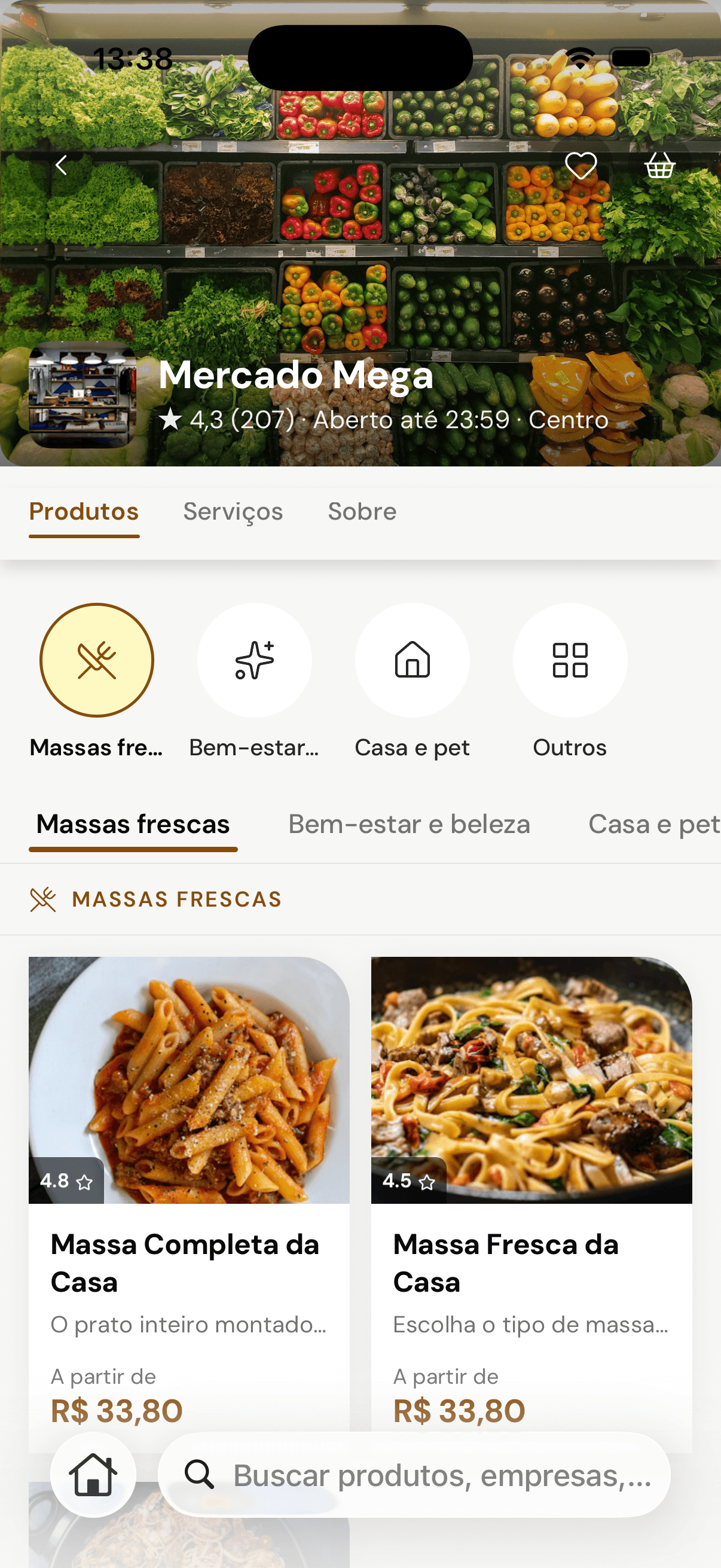 O Mercado Mega por dentro no app do cliente — capa do hortifrúti, nota e os produtos com preço