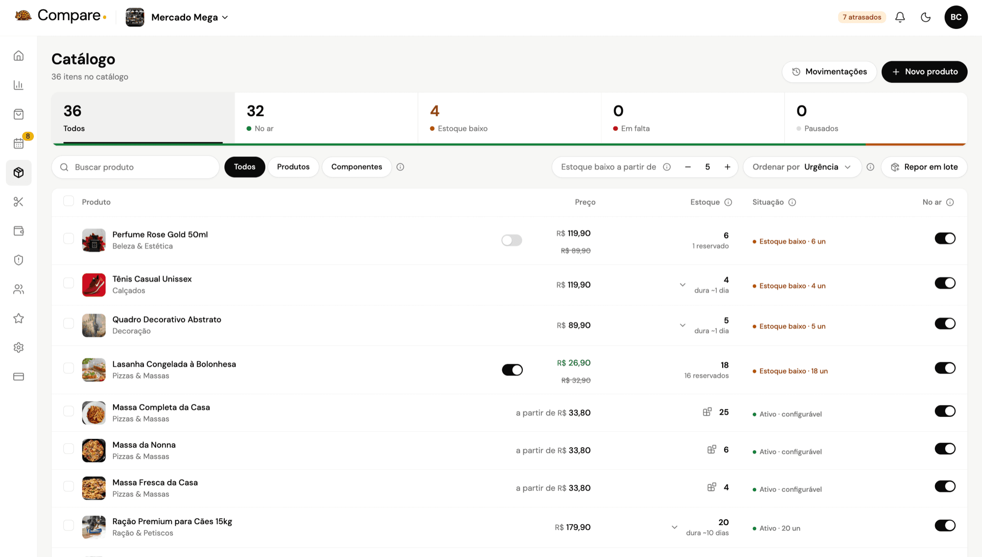 Catálogo do painel web: contagem de itens no ar, com estoque baixo e em falta, e a tabela de produtos com preço, estoque e situação
