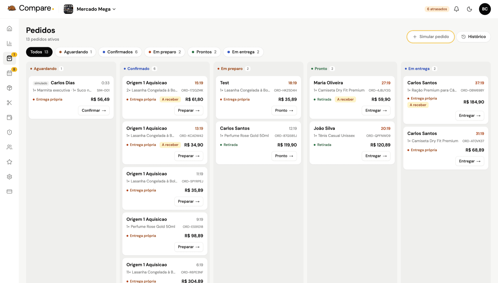 Painel web com os pedidos em cinco colunas — aguardando, confirmado, em preparo, pronto e em entrega — cada um com cliente, itens, valor e o botão do próximo passo