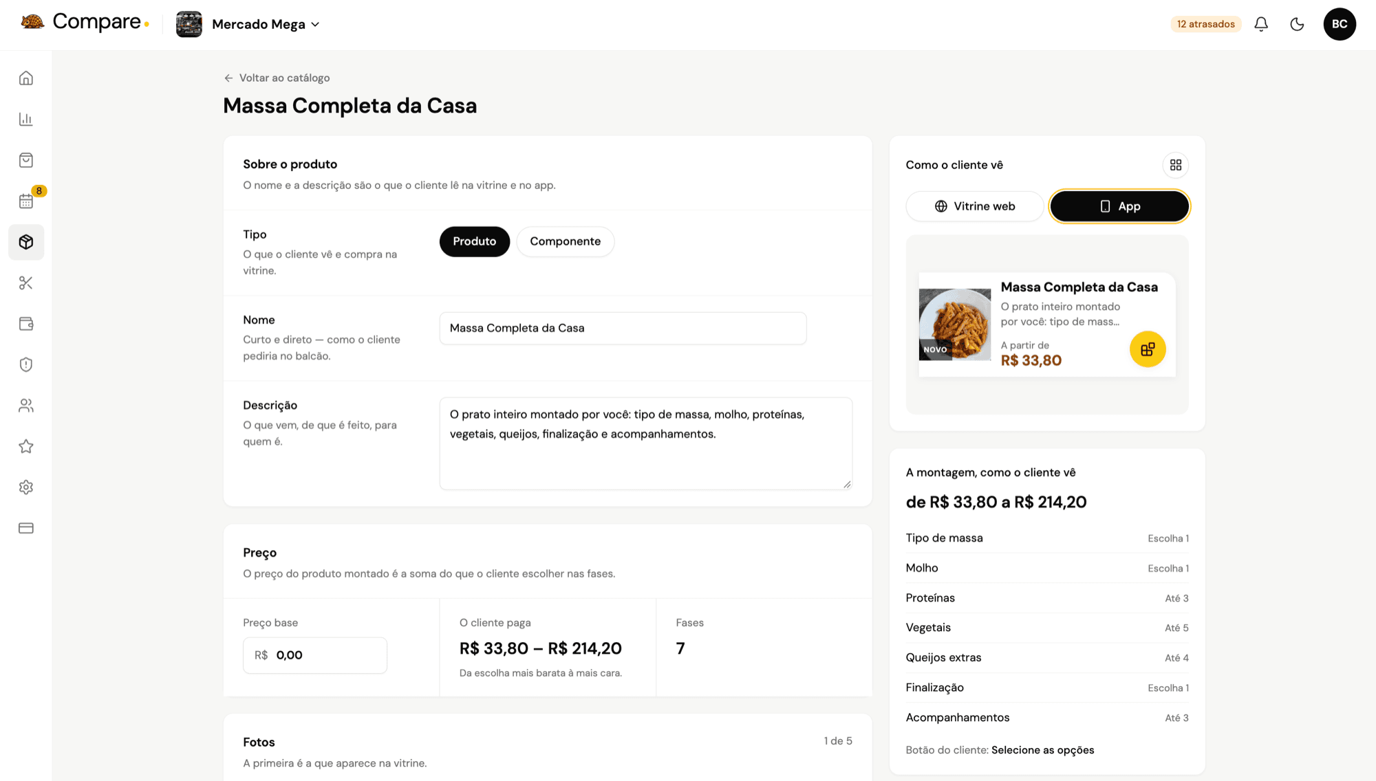 Cadastro de produto no painel web, com o formulário à esquerda e, à direita, a prévia de como o cliente vê o produto no app e a montagem por etapas