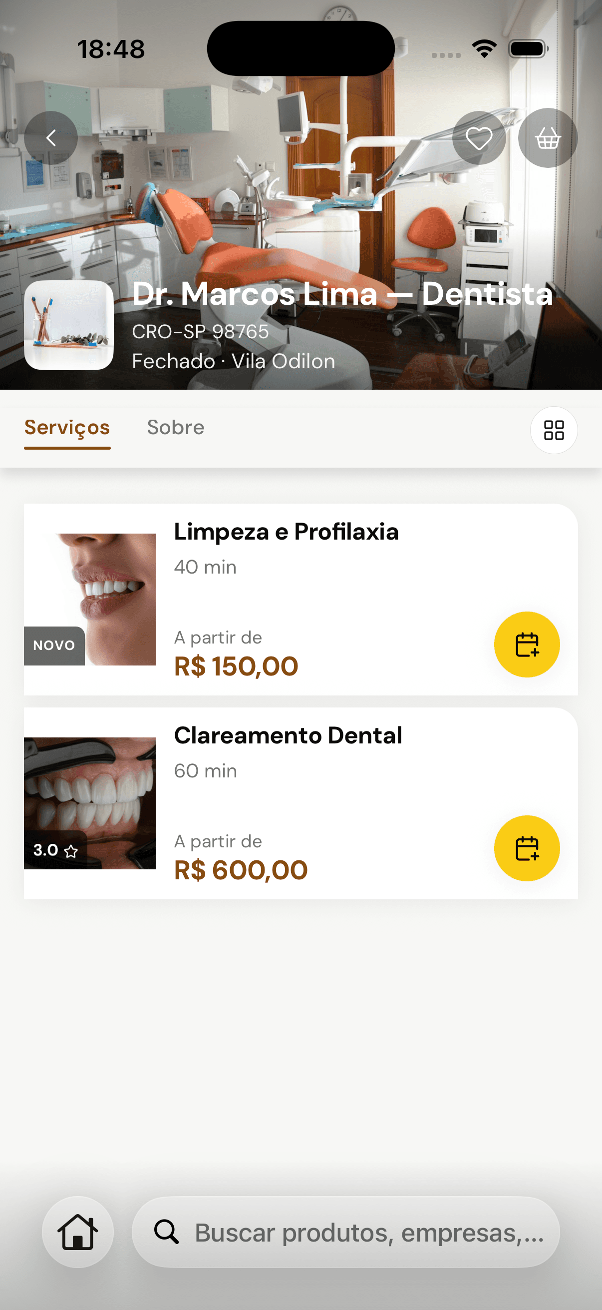 O consultório do Dr. Marcos Lima no app do cliente — CRO, foto da sala e os serviços com duração, preço e o botão de agendar