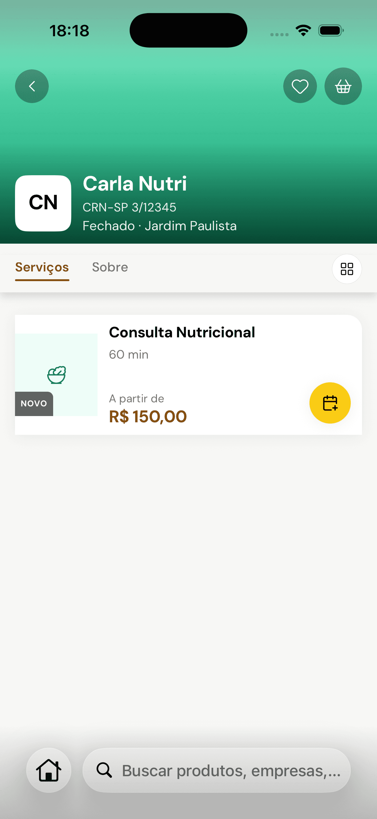 Perfil de nutricionista no app do Cliente, com a consulta e o botão de marcar horário.