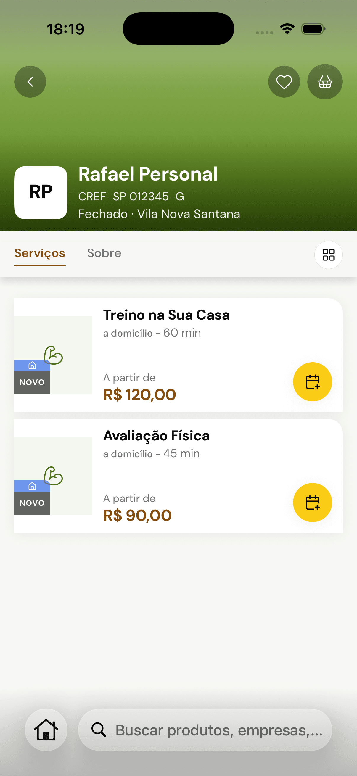 Perfil de personal trainer no app do Cliente, com dois atendimentos a domicílio.