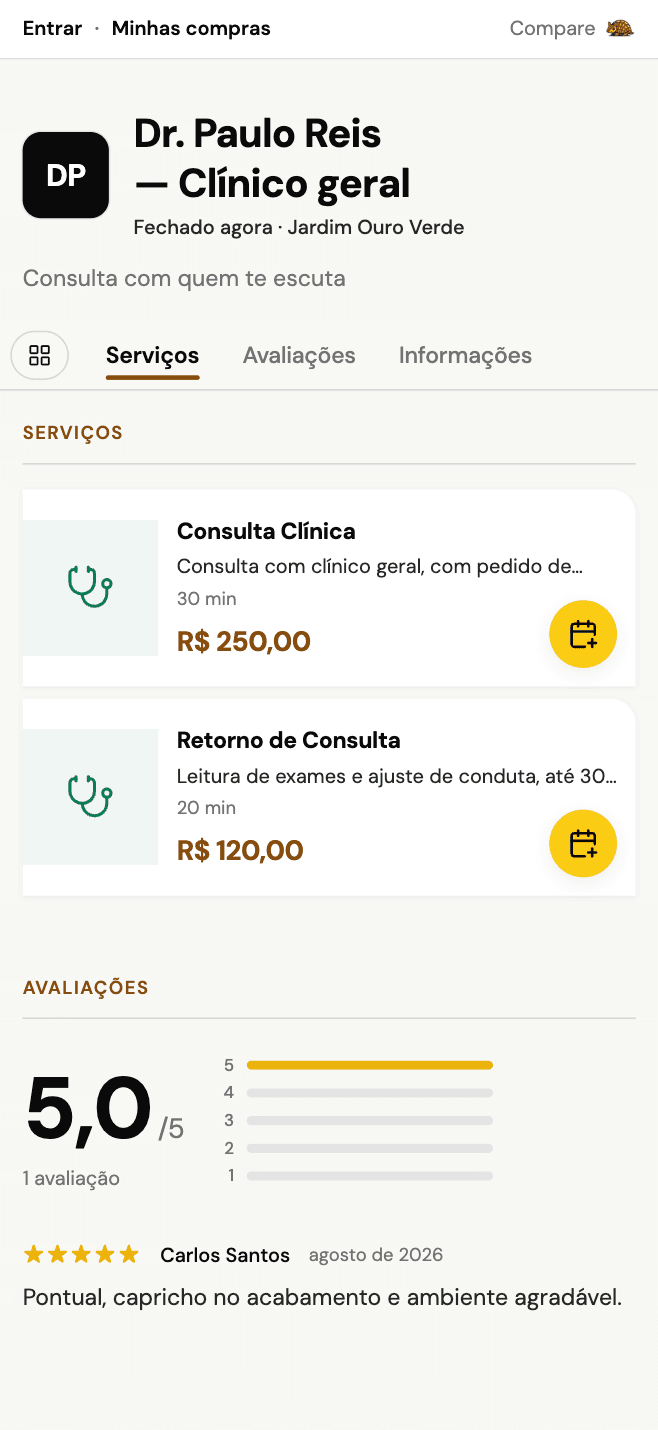 Vitrine web de clínico geral, com consulta, retorno e as avaliações de quem já foi.