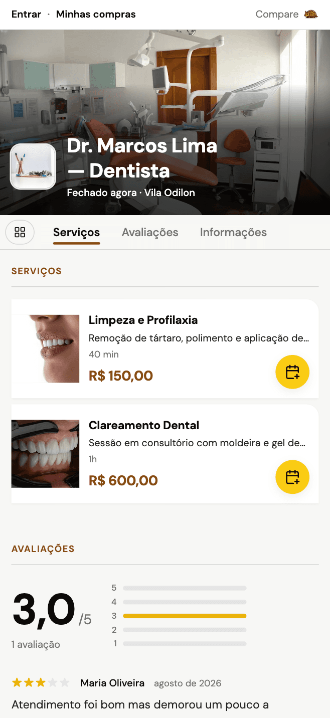 Vitrine web de dentista, com capa do consultório e foto em cada serviço.