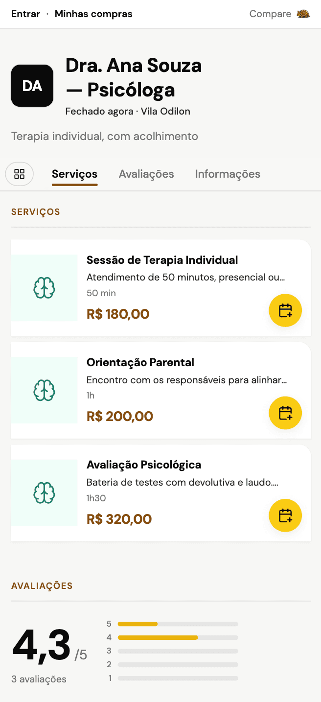 Vitrine web de psicóloga, com três atendimentos e as avaliações de quem já foi.