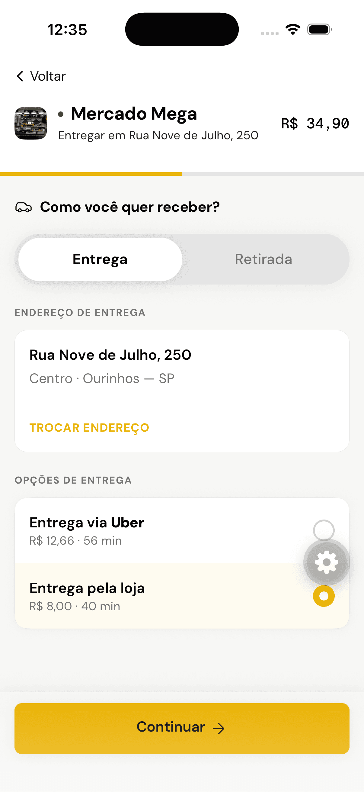 Checkout do app do cliente: escolha de entrega ou retirada, sem criar conta