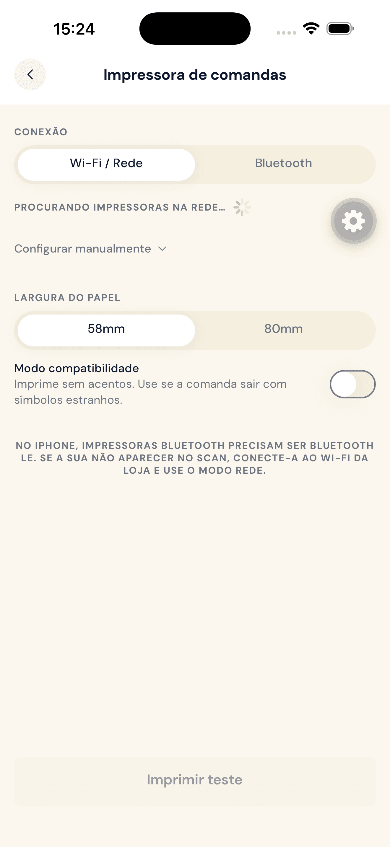 Configuração da impressora de comandas: Wi-Fi ou Bluetooth, descoberta automática e impressão de teste