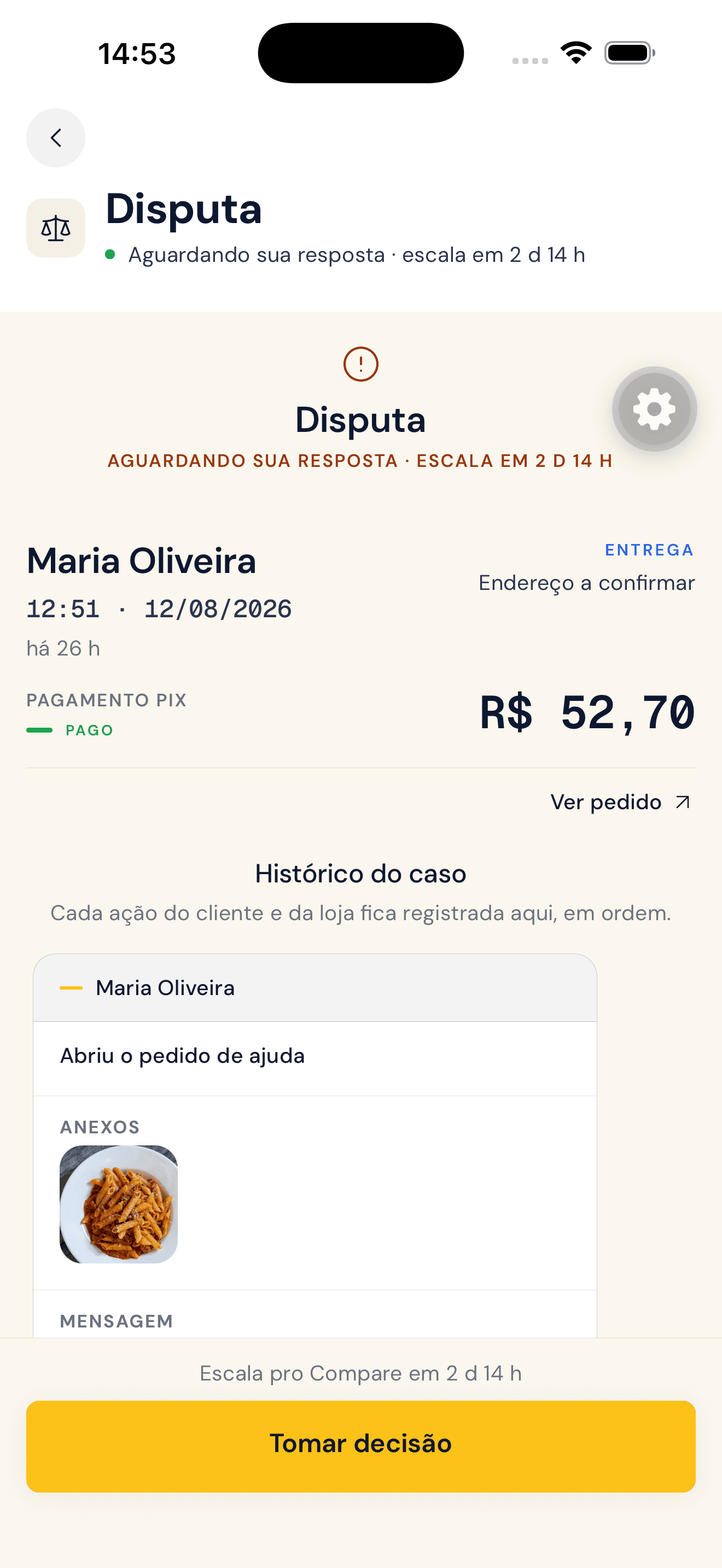 Caso aberto na central de disputas: prazo de escala, histórico com anexo e botão de tomar decisão