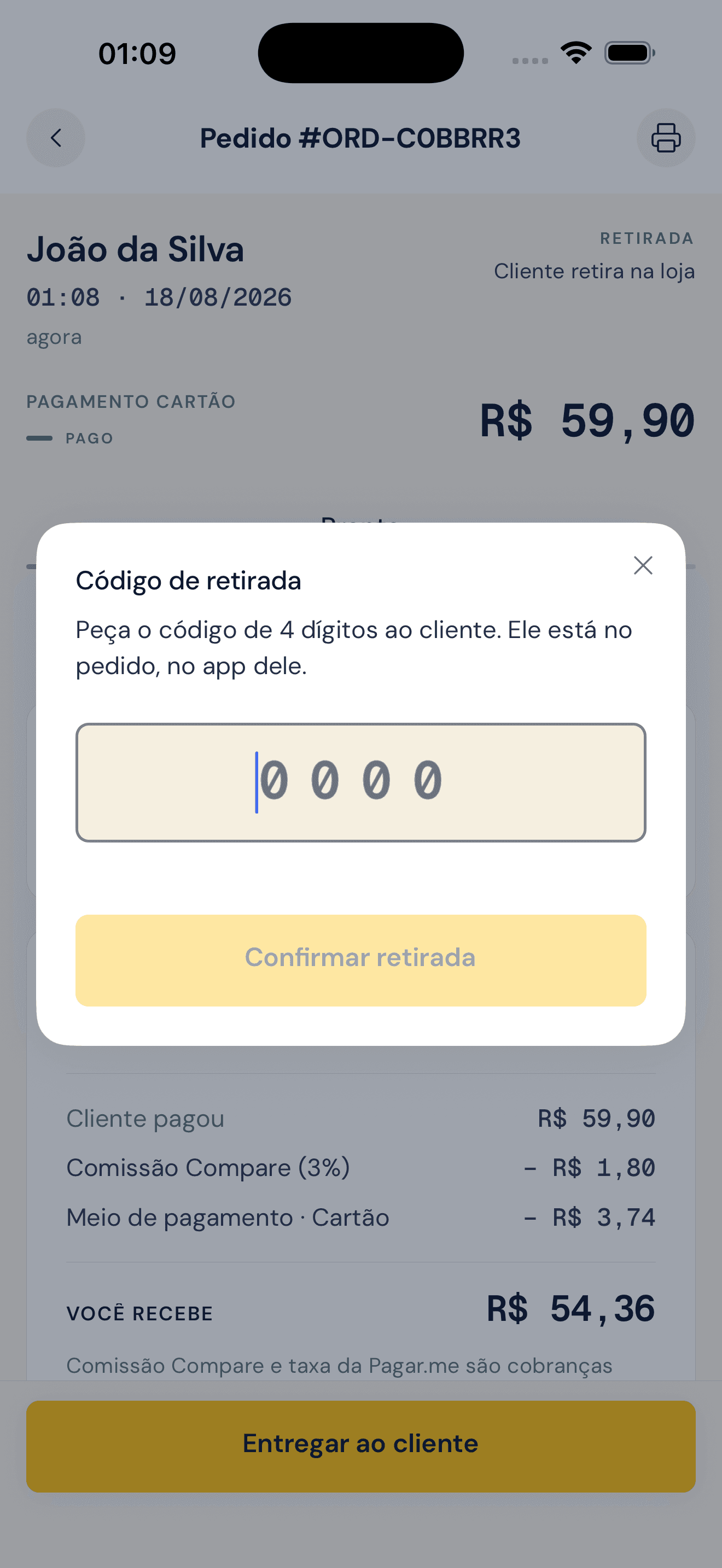 Retirada no balcão: a loja digita o código de 4 dígitos que o cliente mostra