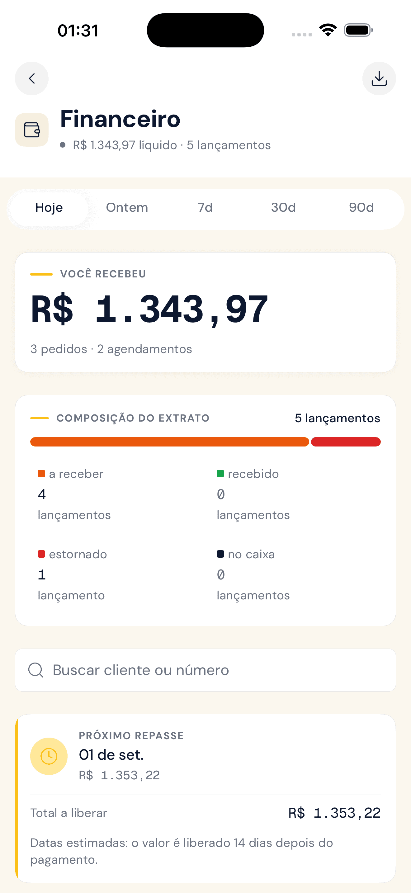 Financeiro no app da loja: quanto entrou no dia, composição do extrato e a data do próximo repasse