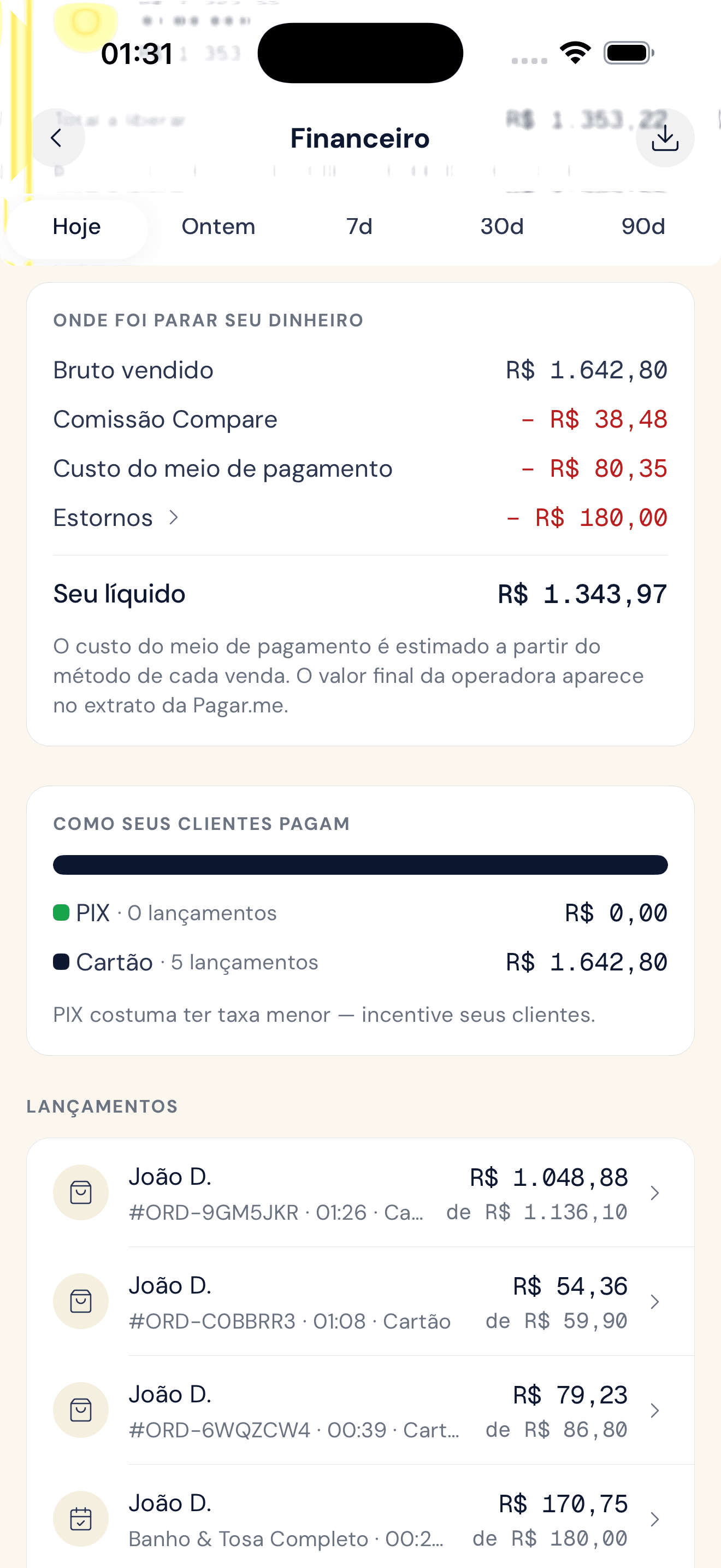 Onde foi parar seu dinheiro: bruto vendido, comissão, custo do meio de pagamento e o líquido