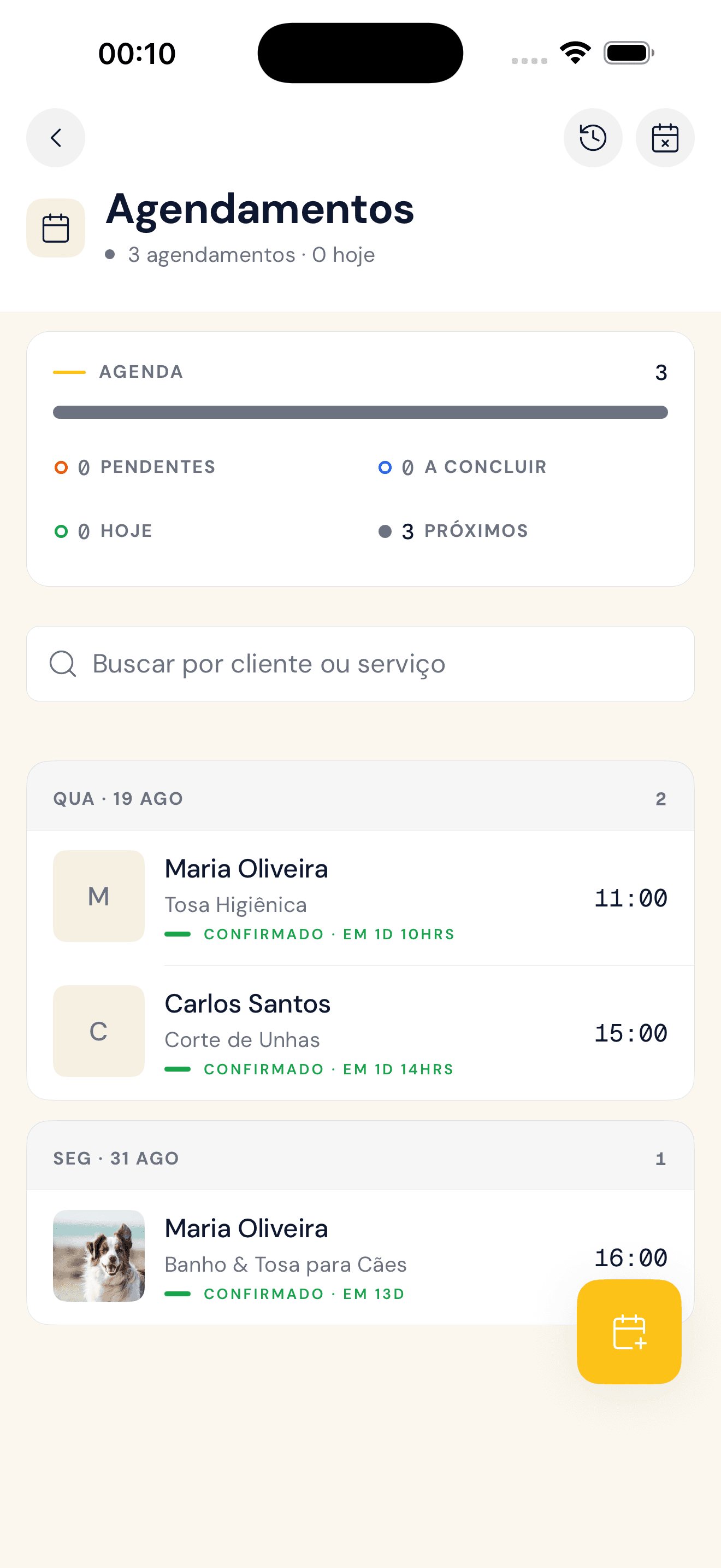 Agendamentos no app da loja: agenda por dia com cliente, serviço, horário e status confirmado