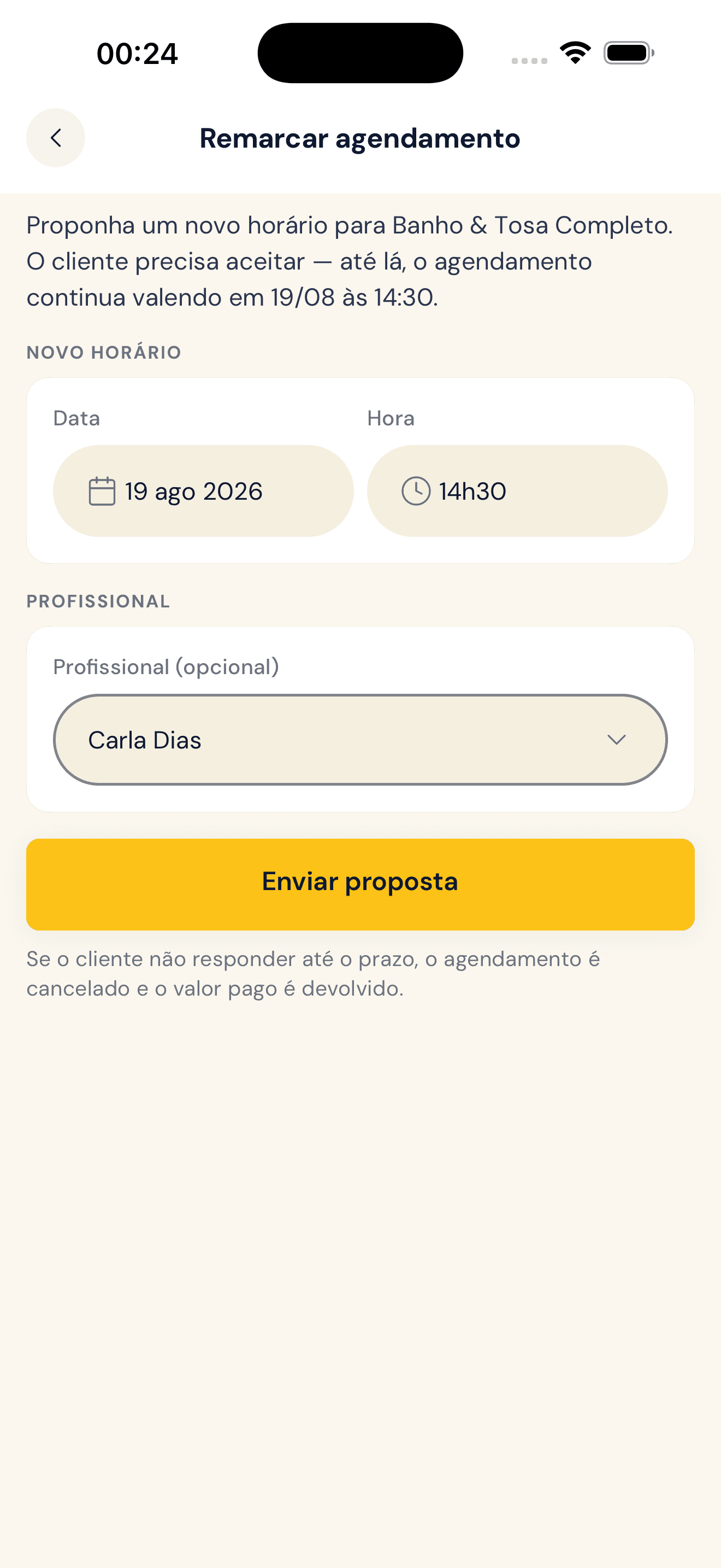 Remarcação: a loja propõe novo dia, hora e profissional, e o cliente aceita pelo app dele