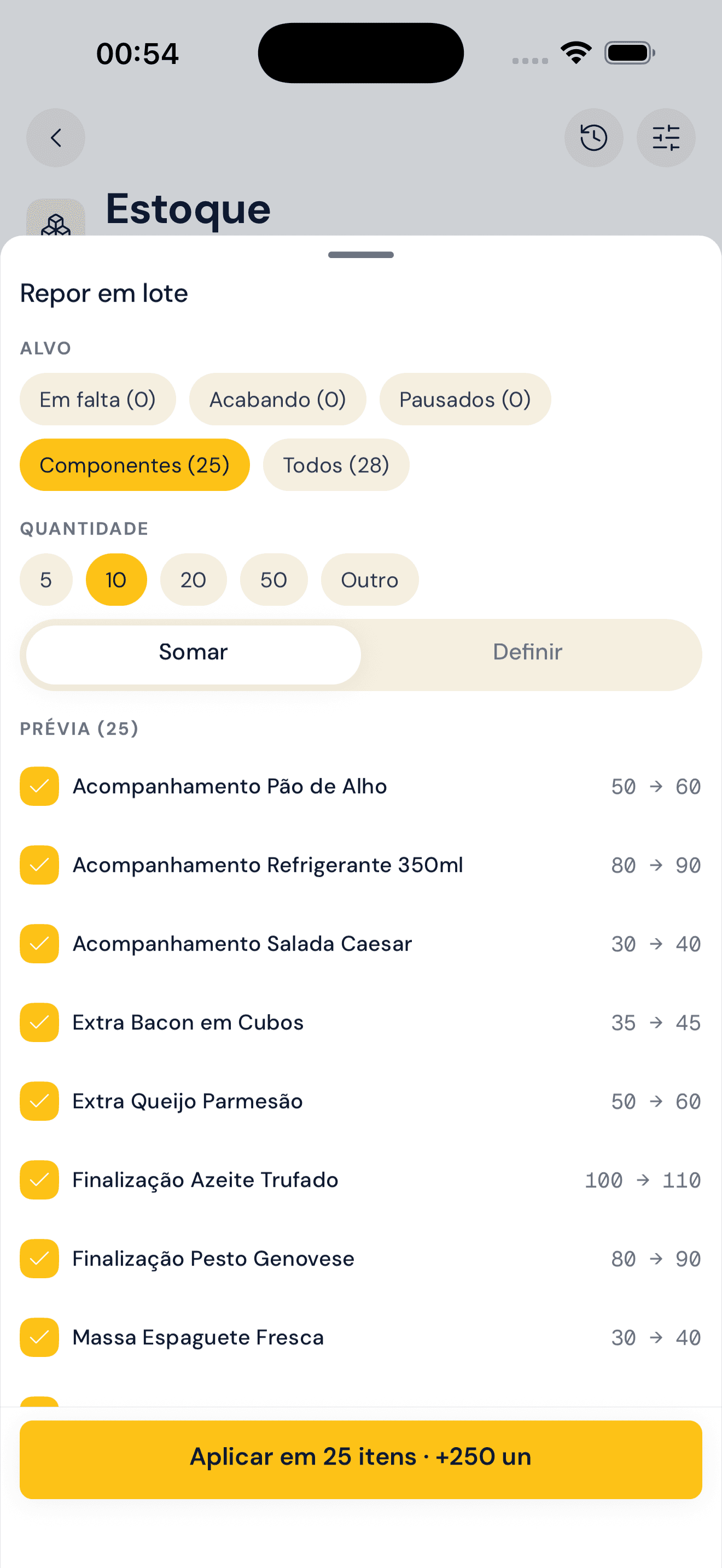 Reposição em lote: escolhe o alvo e a quantidade, e o app aplica em 25 itens de uma vez