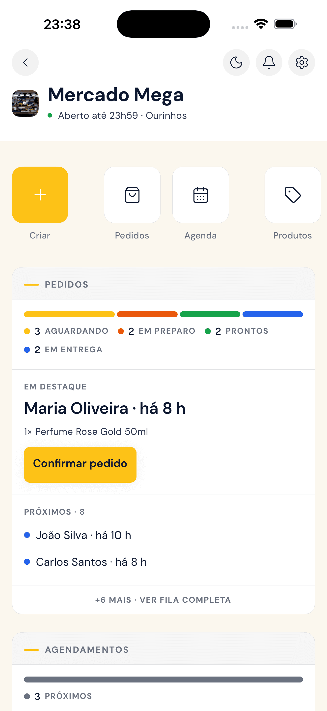 Painel inicial do app da loja: fila de pedidos por status e o pedido em destaque com botão de confirmar