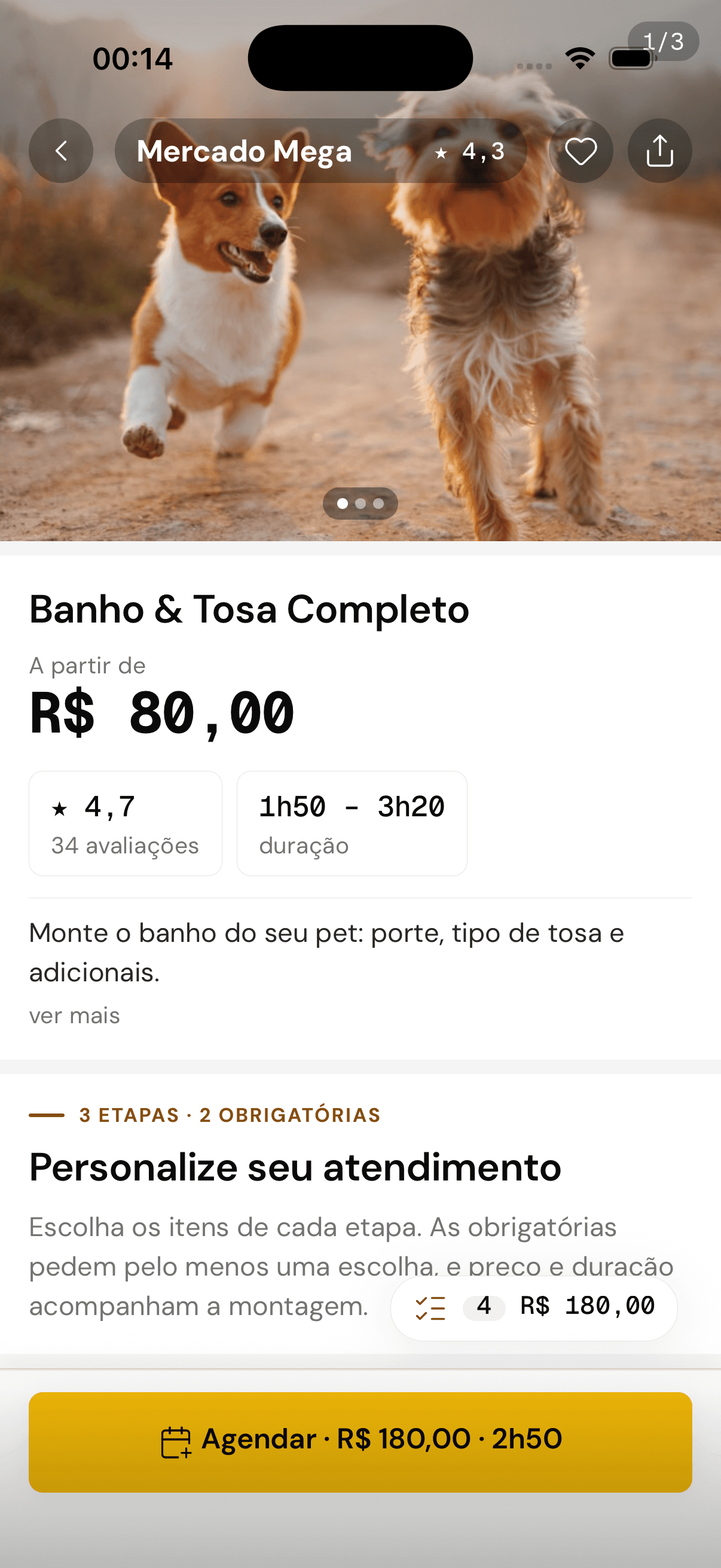 Página do serviço Banho & Tosa: a partir de R$ 80, nota, duração e etapas