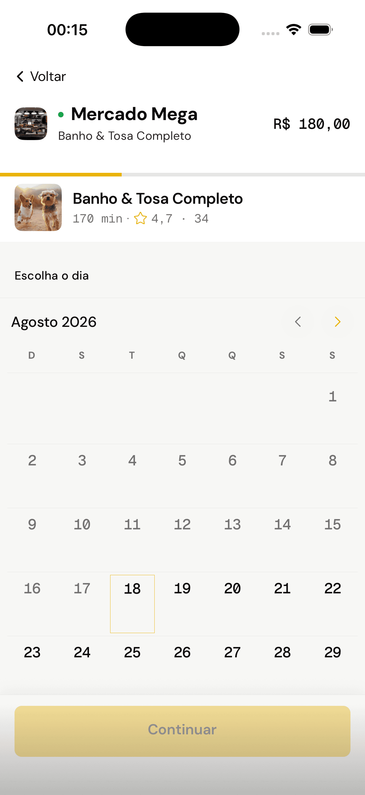 Calendário do mês pra escolher o dia do atendimento