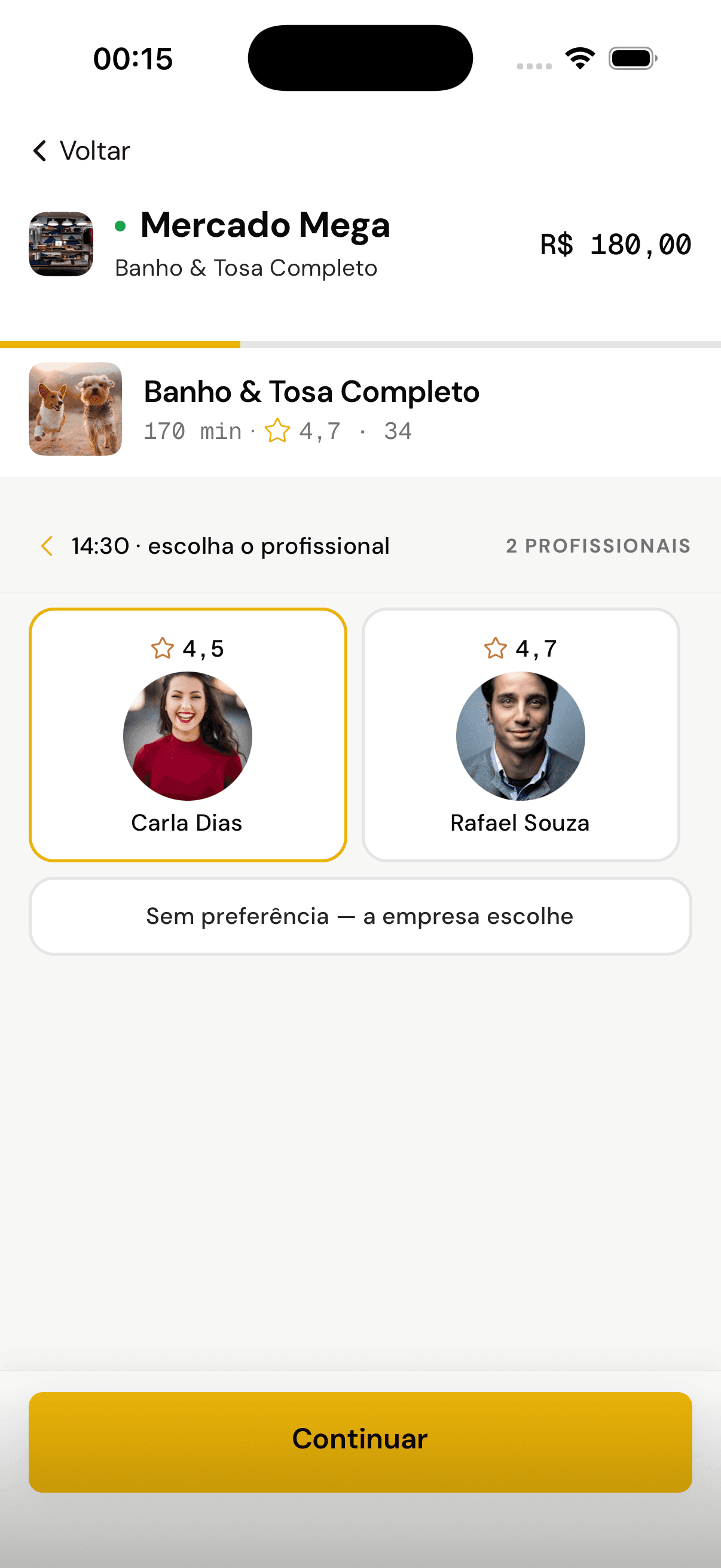 Escolha do profissional com foto e nota, ou sem preferência