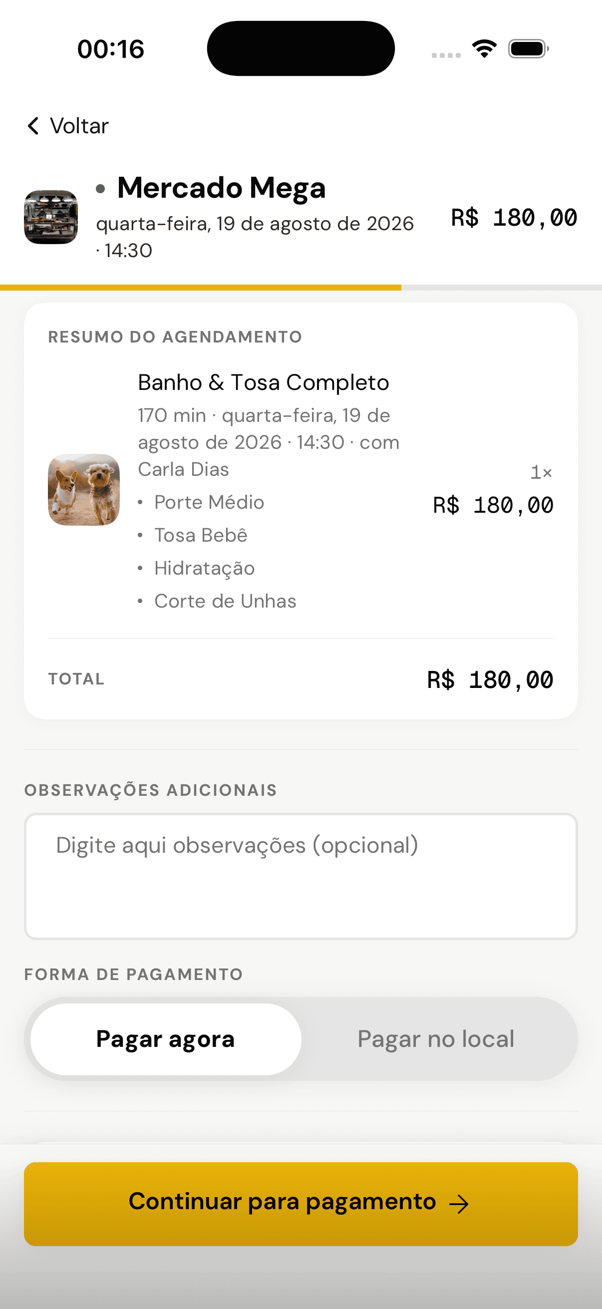 Resumo do agendamento com montagem, total e a escolha entre pagar agora ou no local
