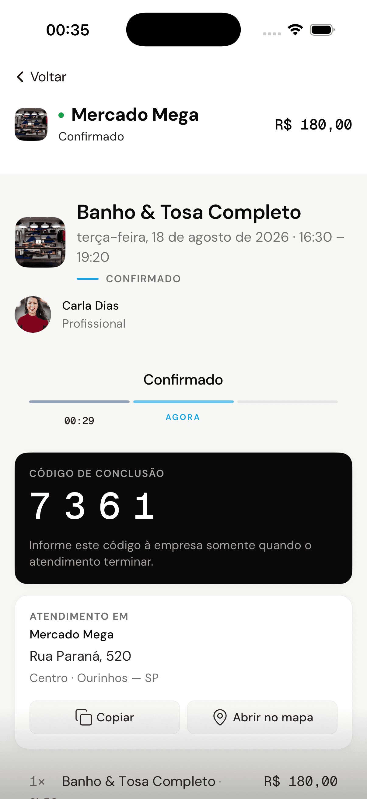Agendamento confirmado com código de conclusão de 4 dígitos