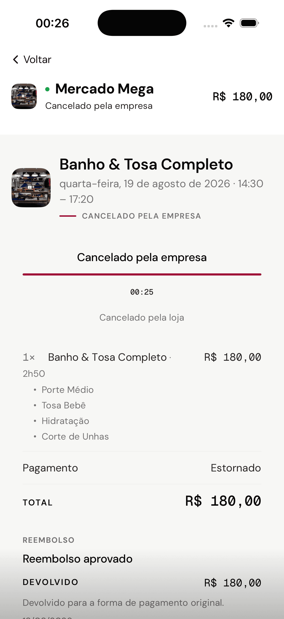 Agendamento cancelado pela empresa com reembolso aprovado e devolvido