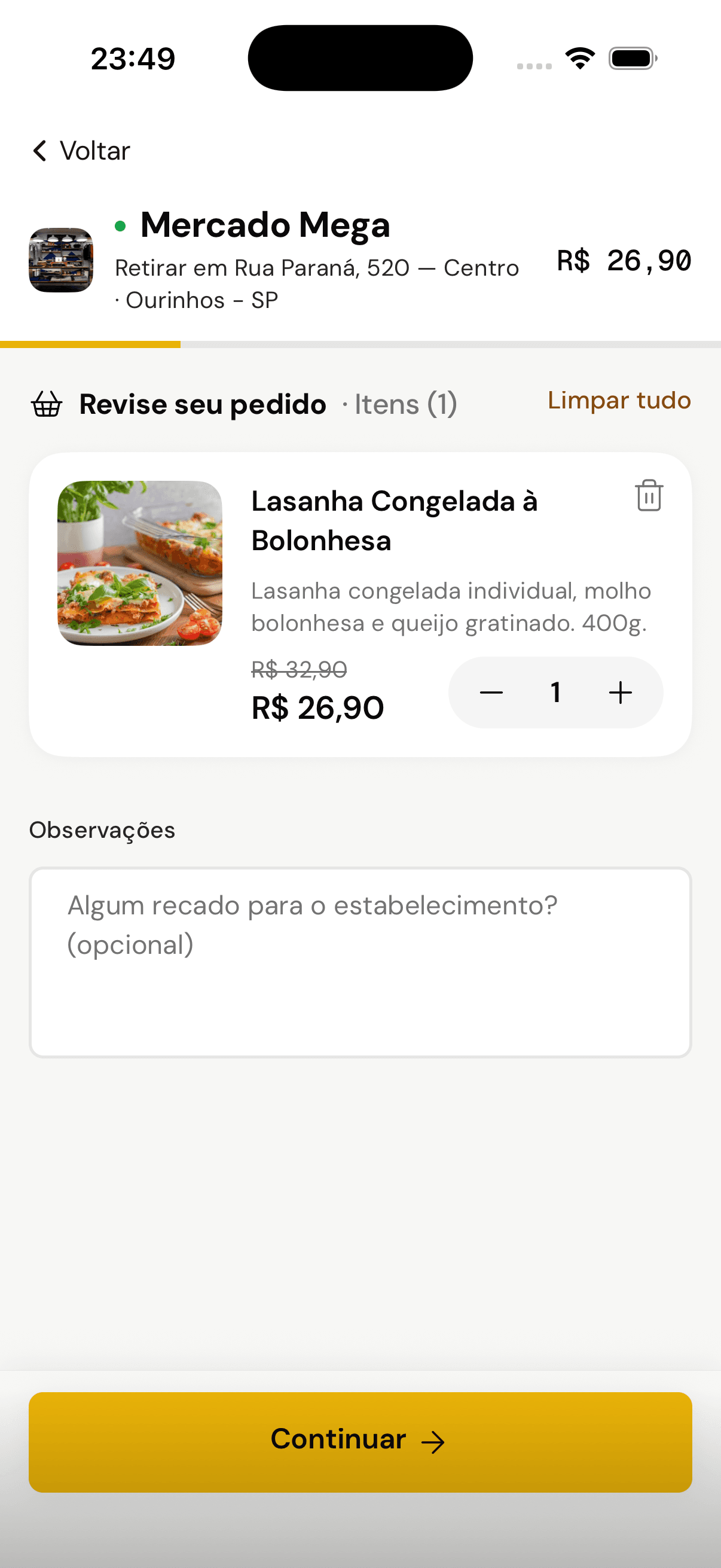 Revisão do pedido com item, preço promocional e campo de observações