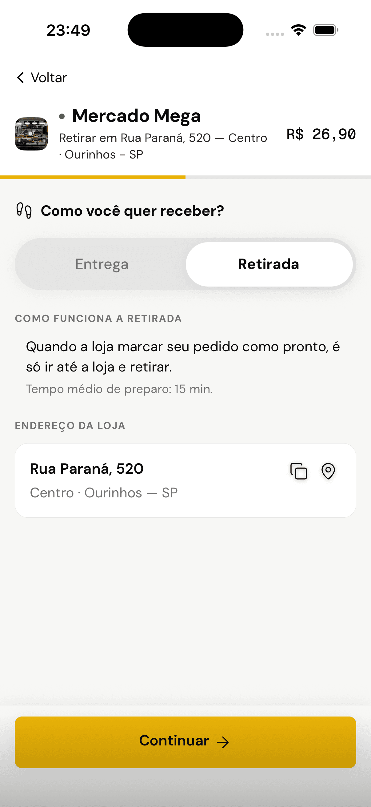 Escolha entre entrega e retirada, com endereço da loja e tempo médio de preparo