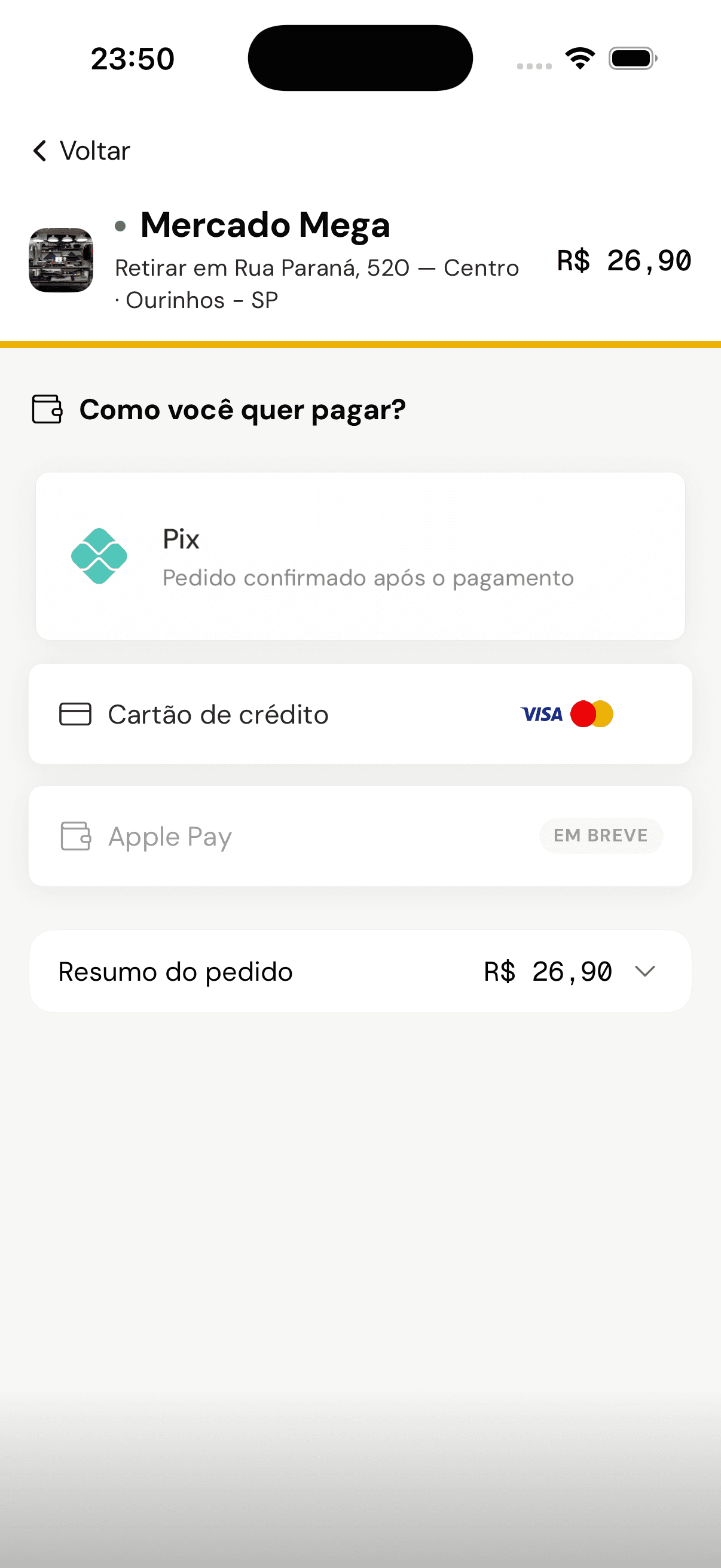 Escolha do pagamento: PIX ou cartão de crédito, com resumo do pedido