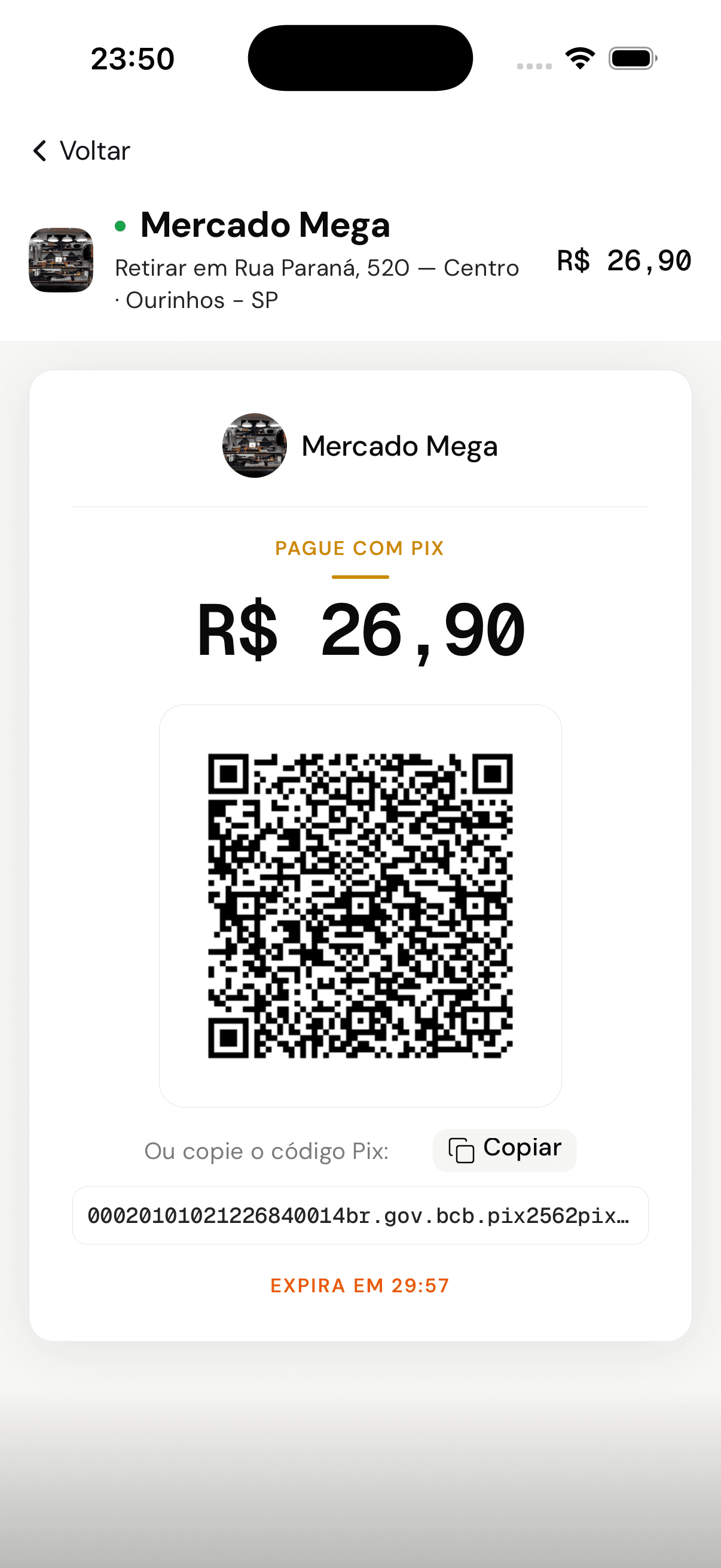 QR code do PIX com valor e código copia-e-cola, com tempo de expiração