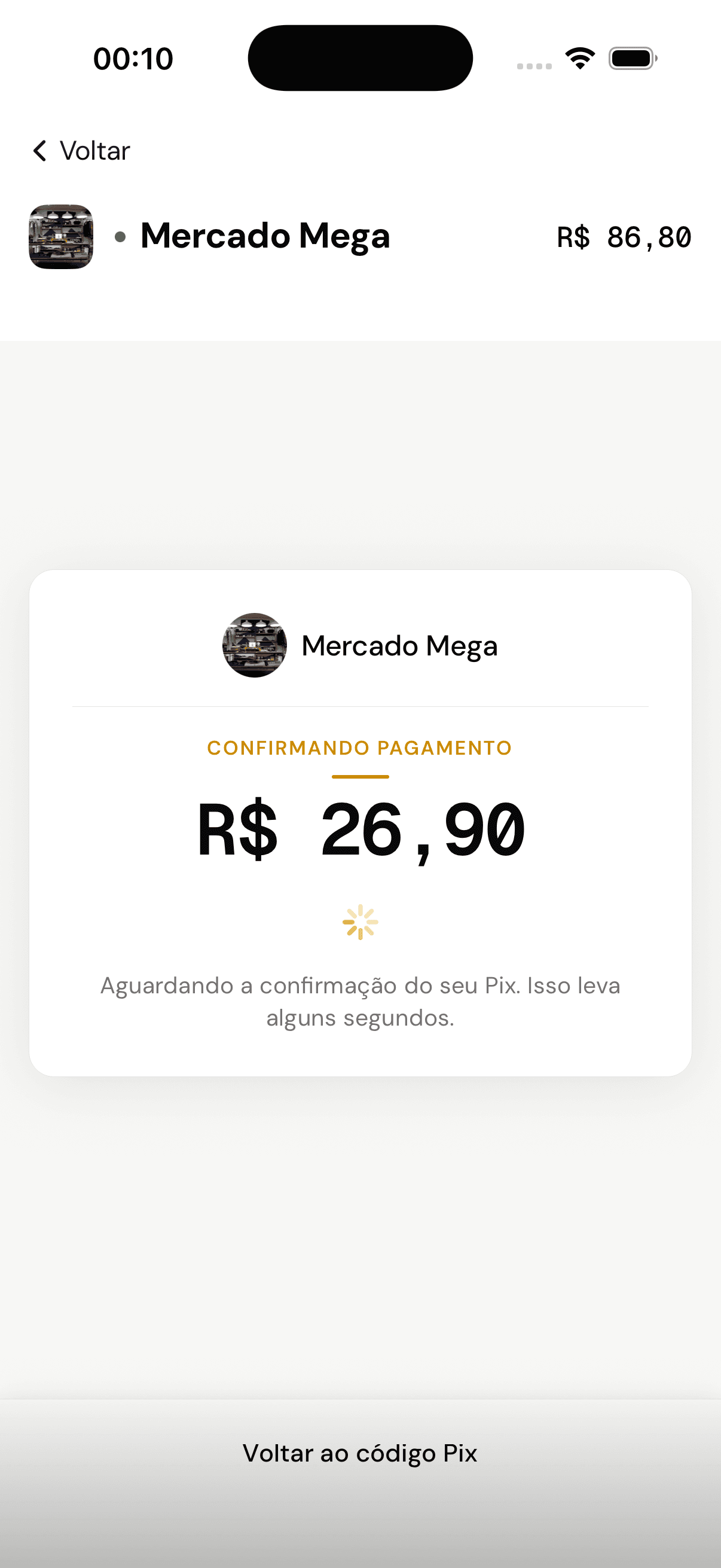 Tela de confirmação do PIX aguardando o pagamento cair