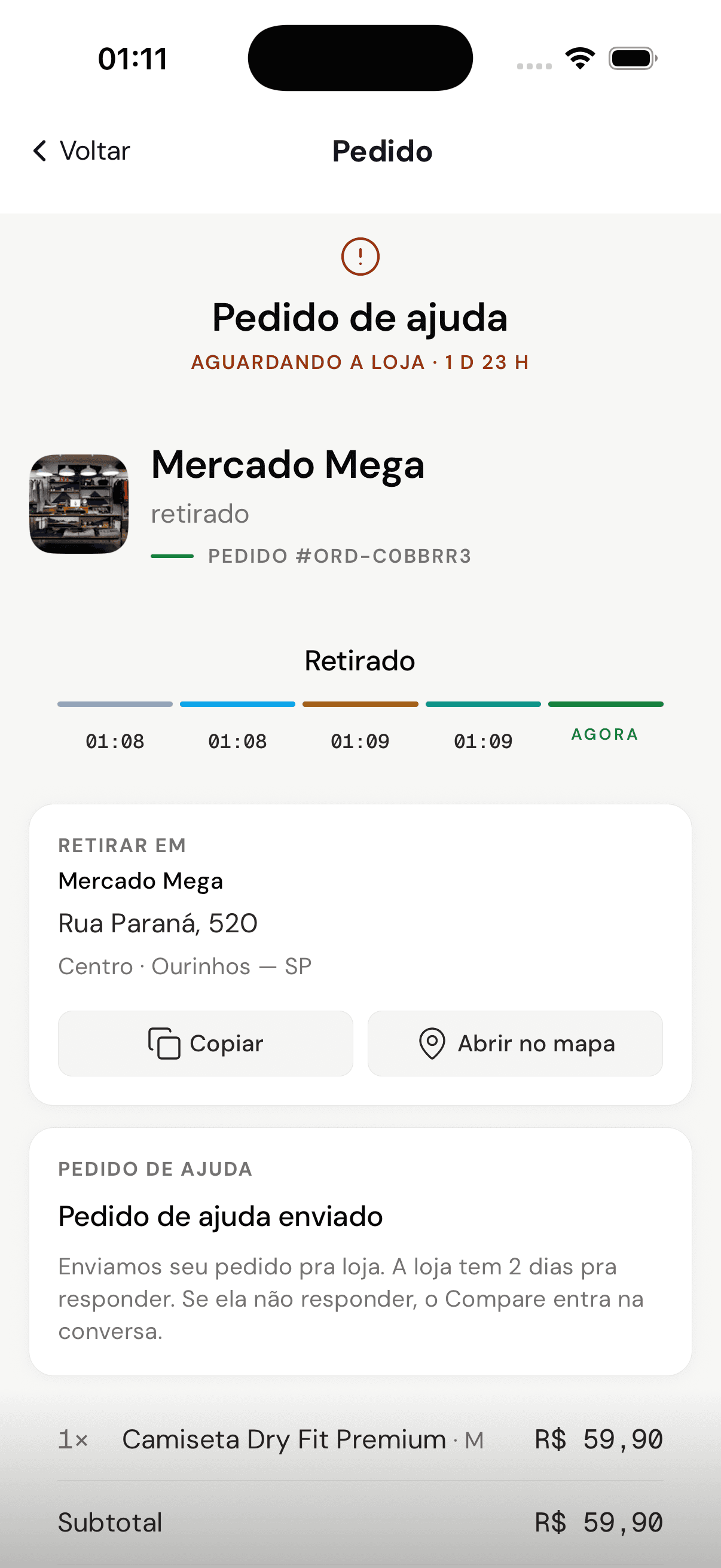 Cliente abriu um pedido de ajuda: "não retirei o pedido, preciso de ajuda"