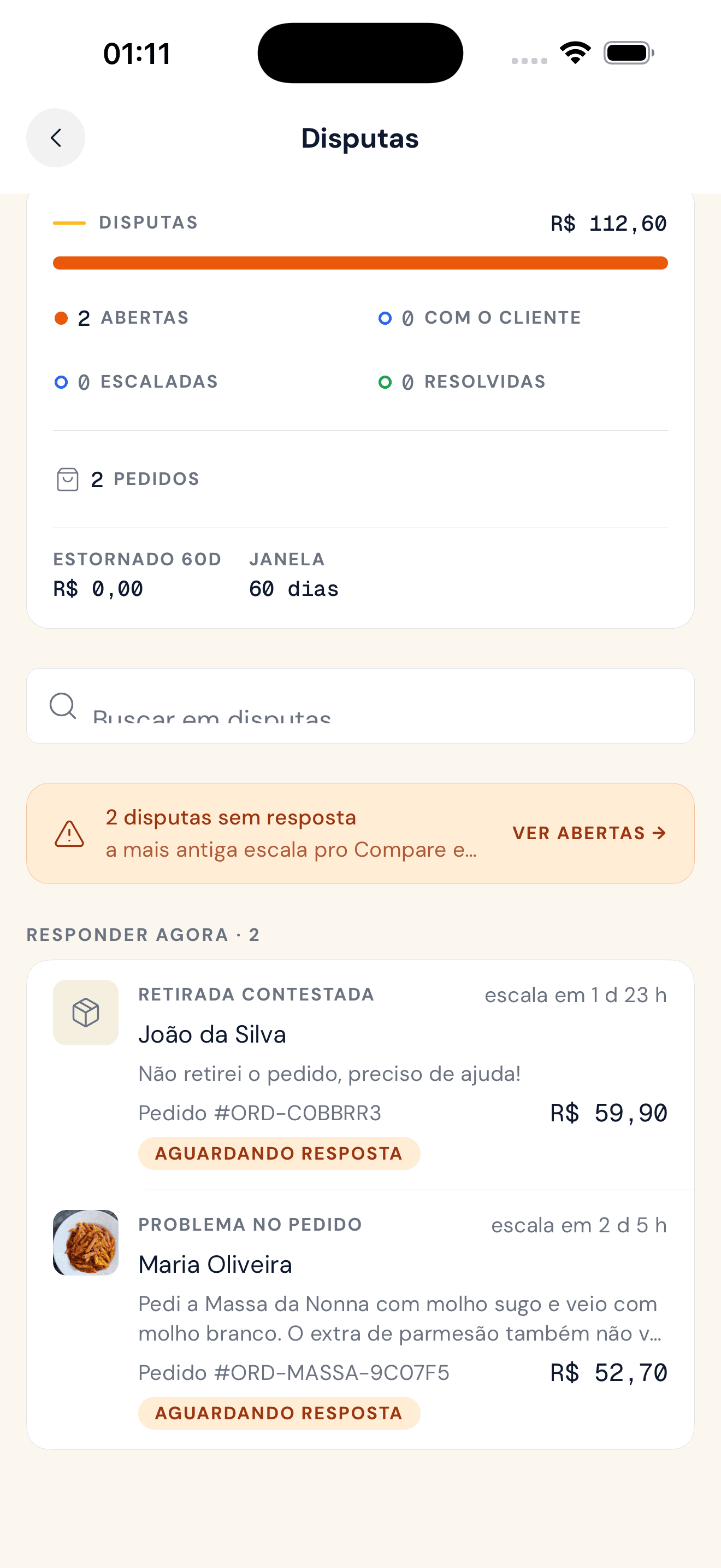 Central de disputas da loja: valor em jogo, casos abertos e prazos