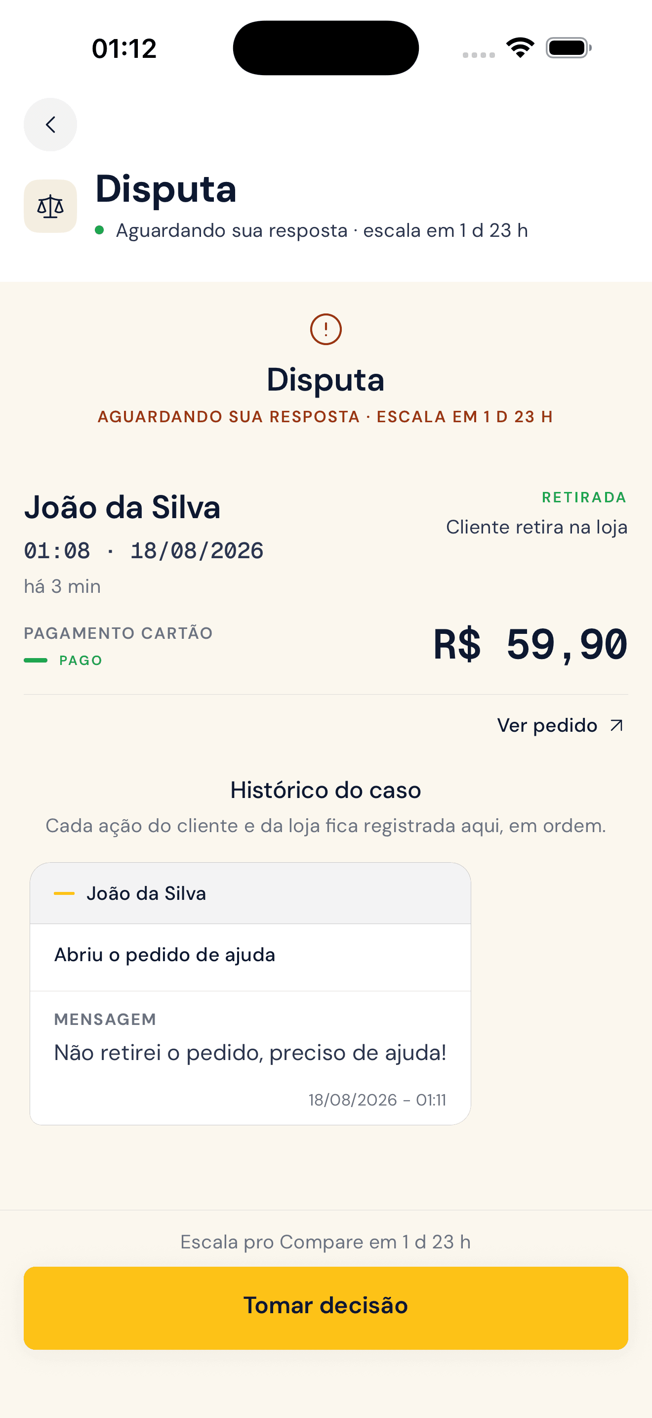 Histórico do caso com cada ação do cliente e da loja registrada em ordem