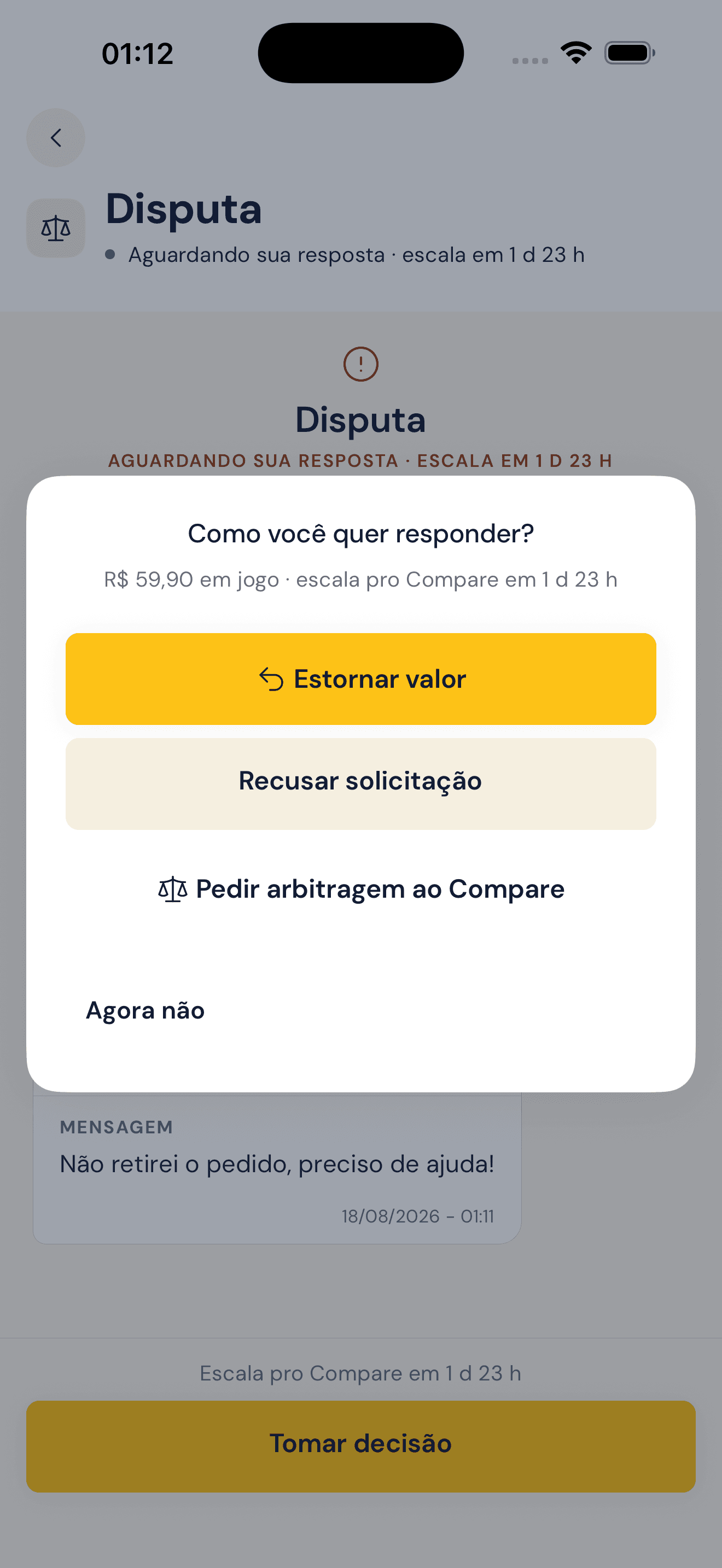 Decisão da loja: estornar valor, recusar solicitação ou pedir arbitragem ao Compare
