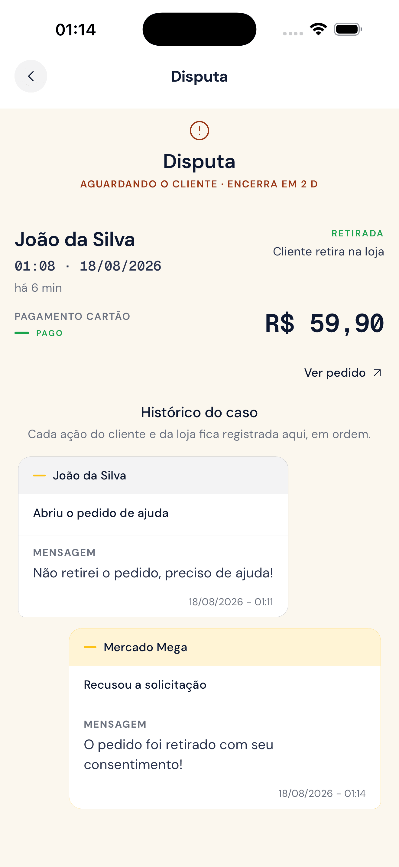 Loja recusou com resposta escrita registrada no histórico do caso
