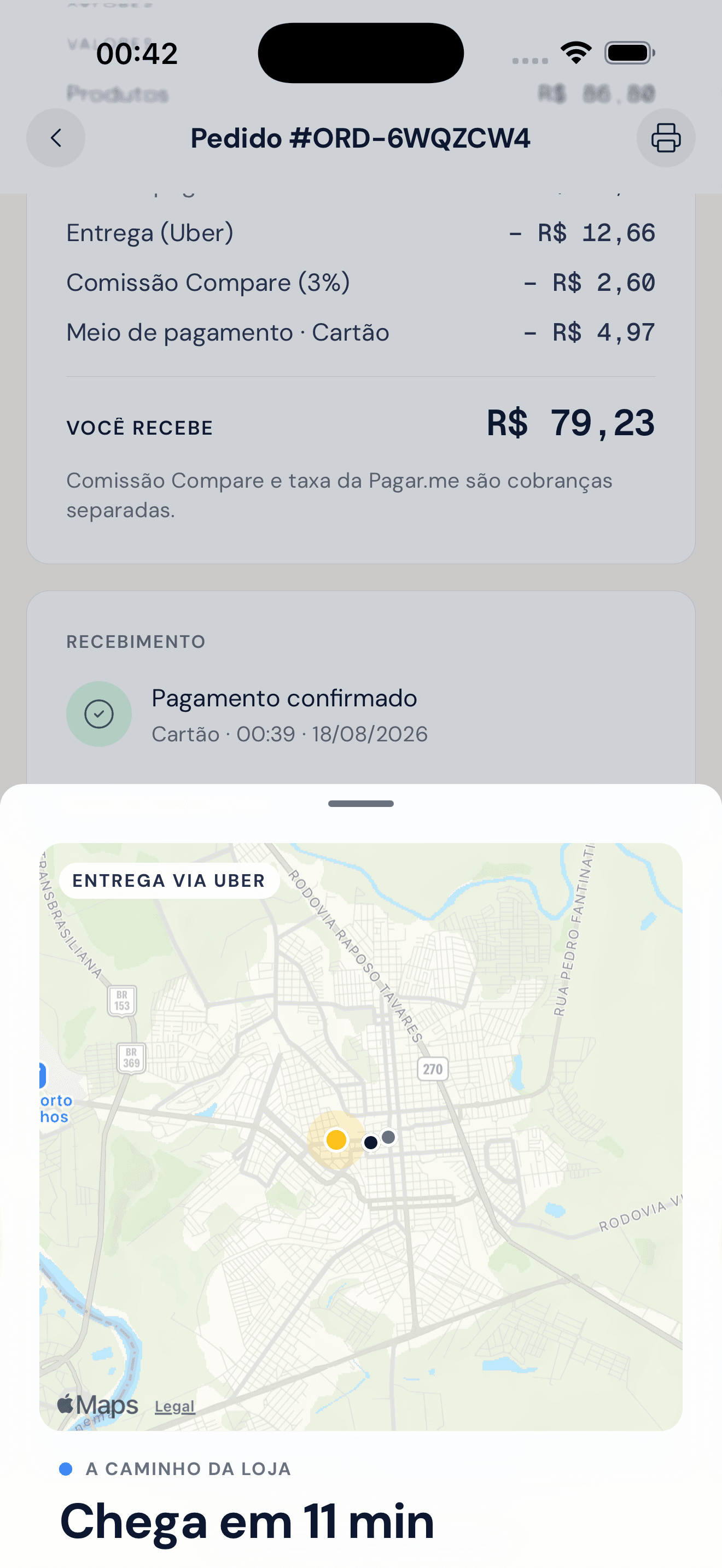 Pedido pago no app da loja com custo da entrega Uber e o líquido a receber, e o mapa da corrida