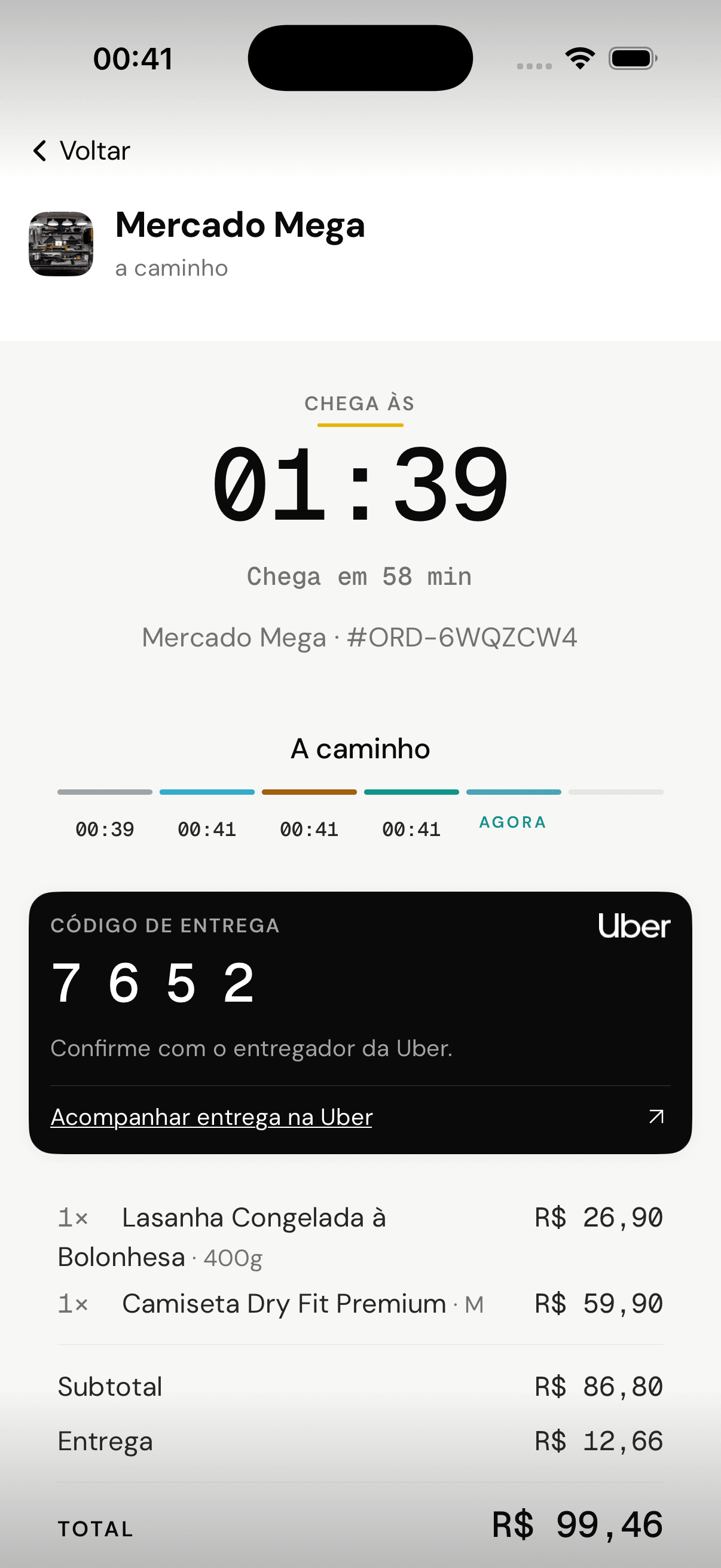 Cliente acompanha o pedido: chega às 01:39, linha do tempo e código de entrega da Uber