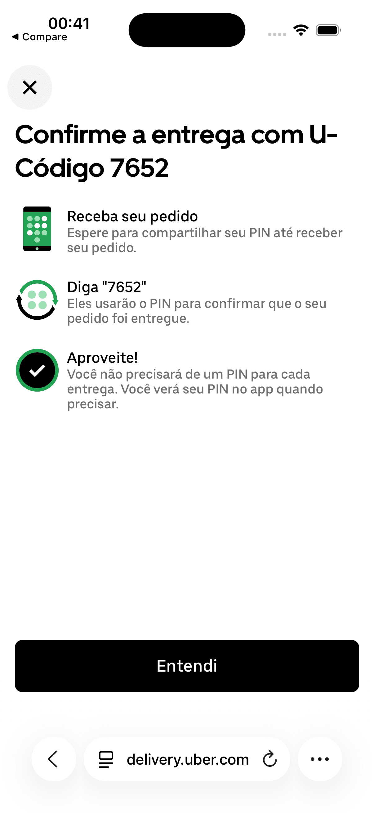 Instruções da Uber: confirme a entrega com o código de 4 dígitos