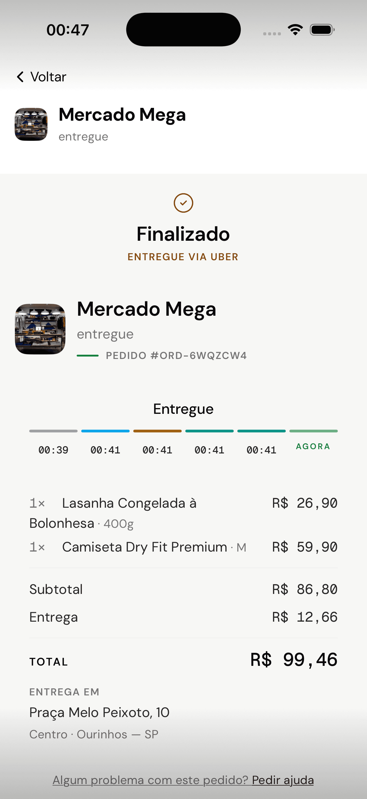 Pedido finalizado e entregue, com linha do tempo completa e valores