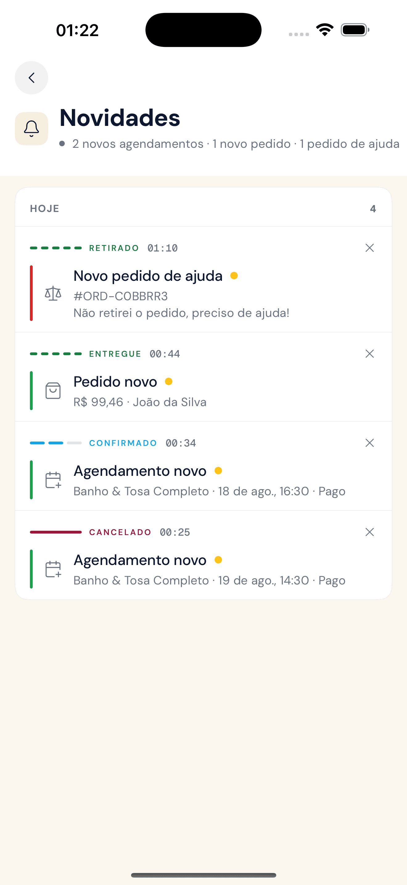 Central de novidades: pedido novo, agendamento novo e pedido de ajuda, com horário