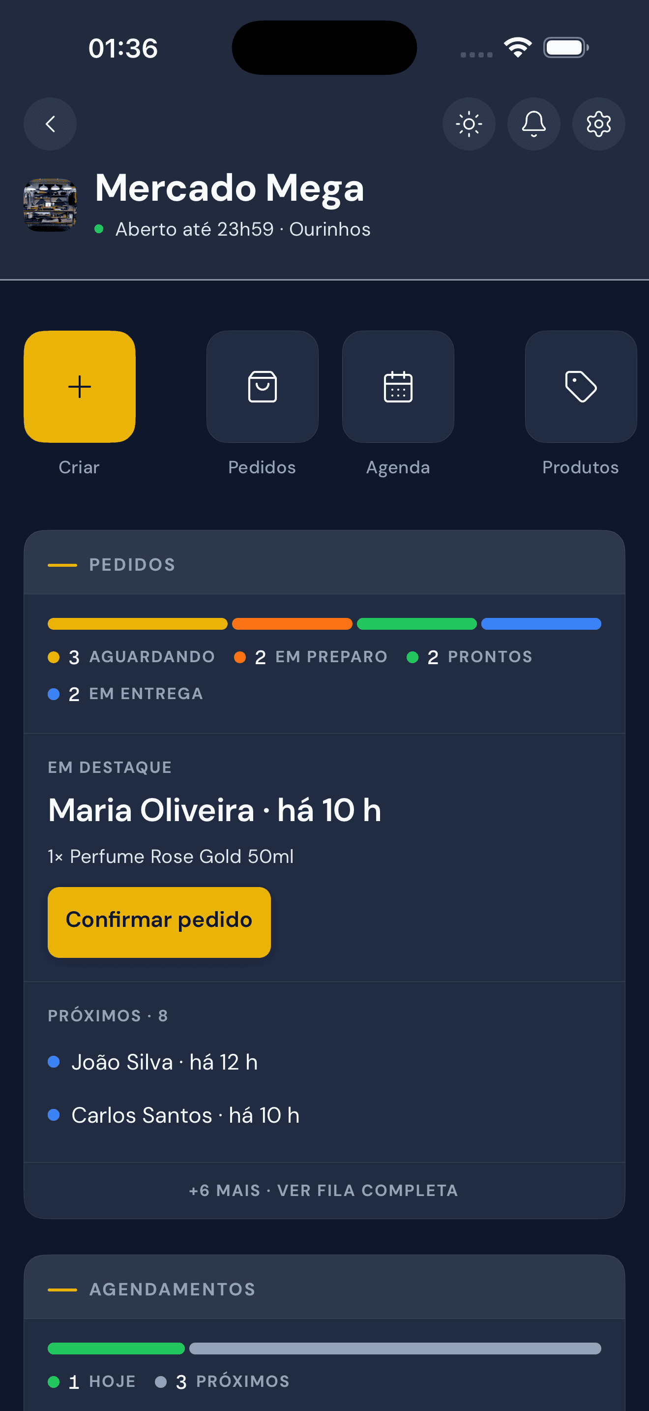 Painel da loja no tema escuro