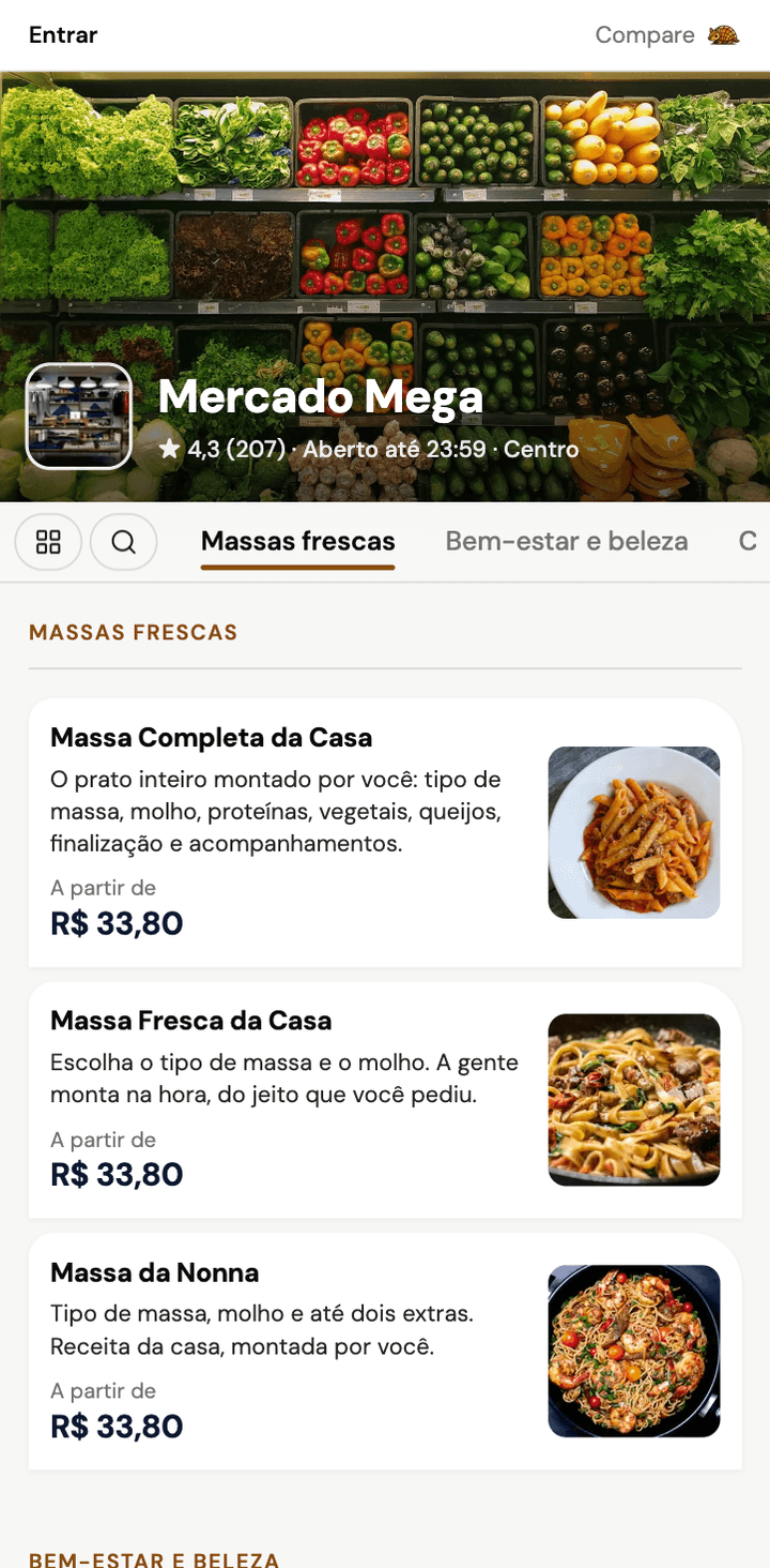 Vitrine web do Mercado Mega no celular: capa, nota, abas de categoria e cardápio com preços
