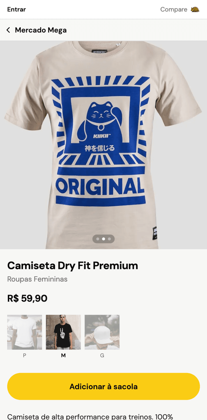 Produto aberto na vitrine web: fotos, variações de tamanho e o botão Adicionar à sacola